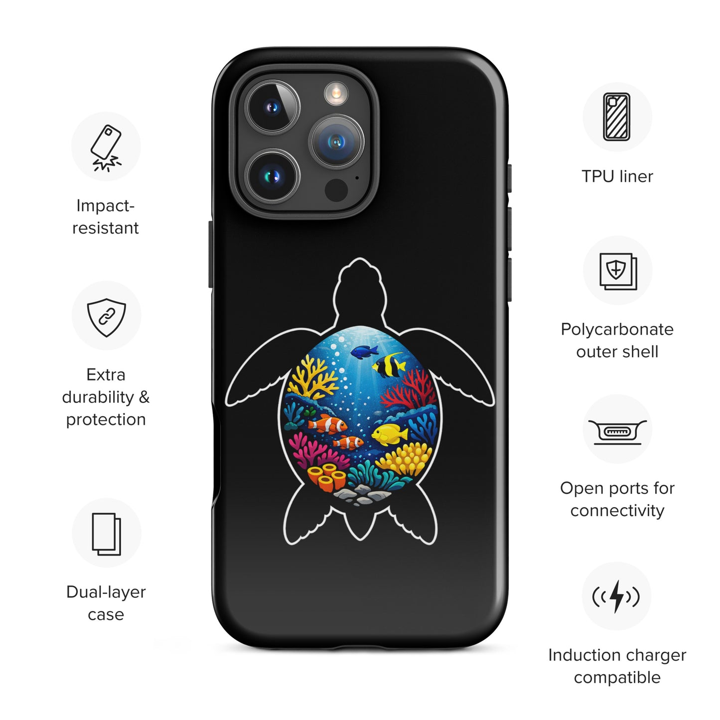 Phone Case for iPhone featuring vibrant sea turtle reef design with colorful coral. Durable, artistic, perfect for marine life enthusiasts.