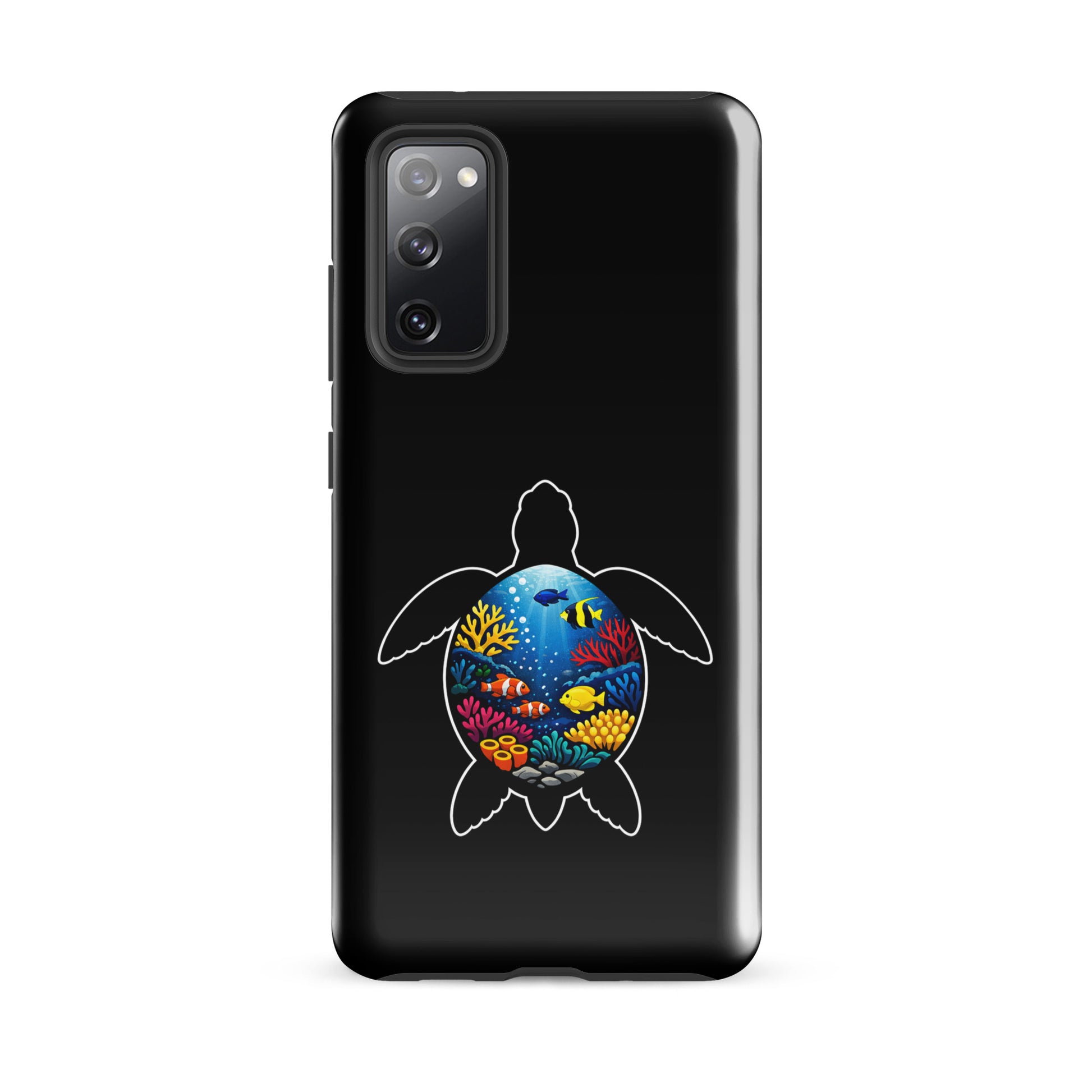 Phone Case for Samsung Galaxy with sea turtle reef design, combining style and protection, featuring vibrant coral scene on black background.