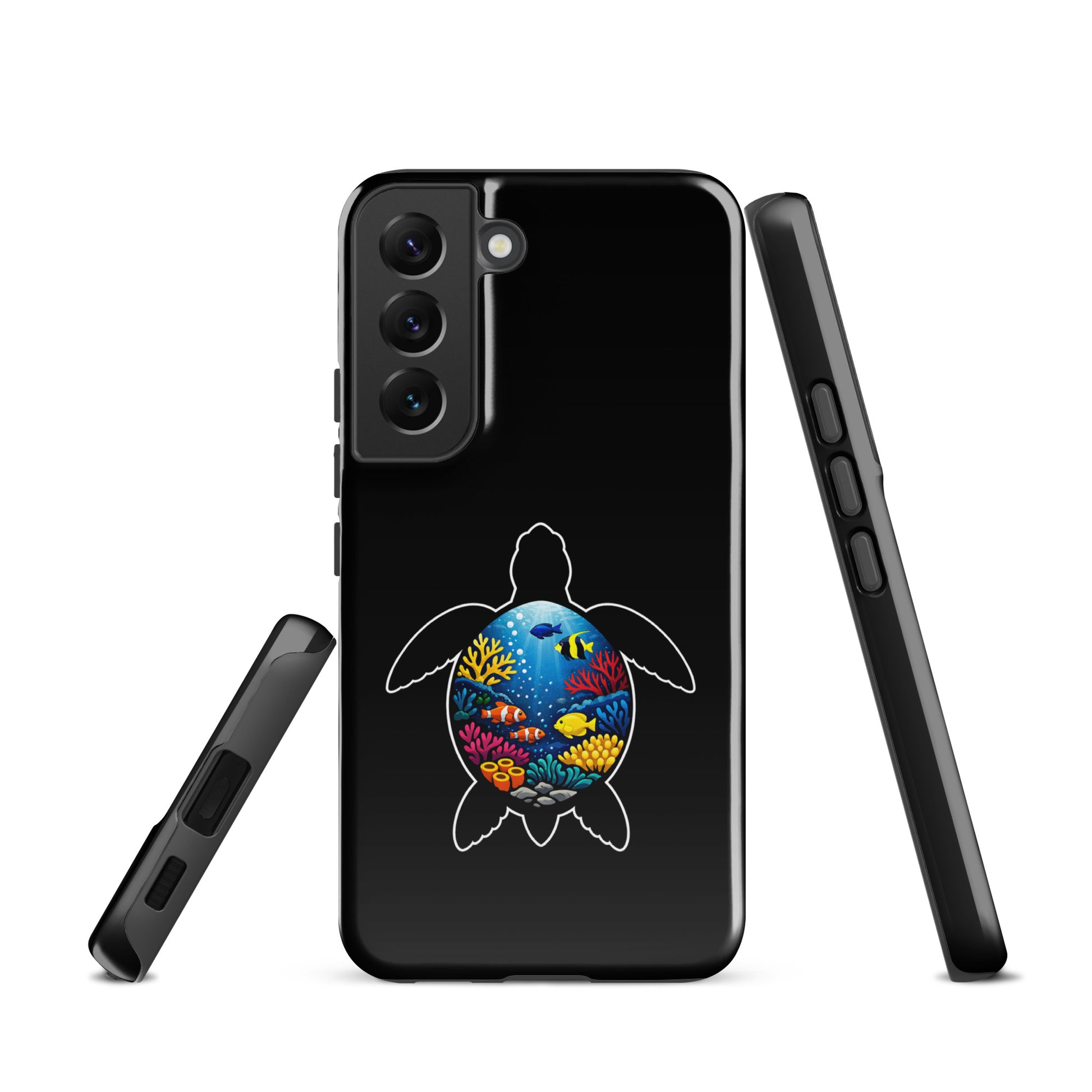 Phone Case for Samsung Galaxy with vibrant sea turtle reef design showcasing colorful coral and marine life on a durable black cover