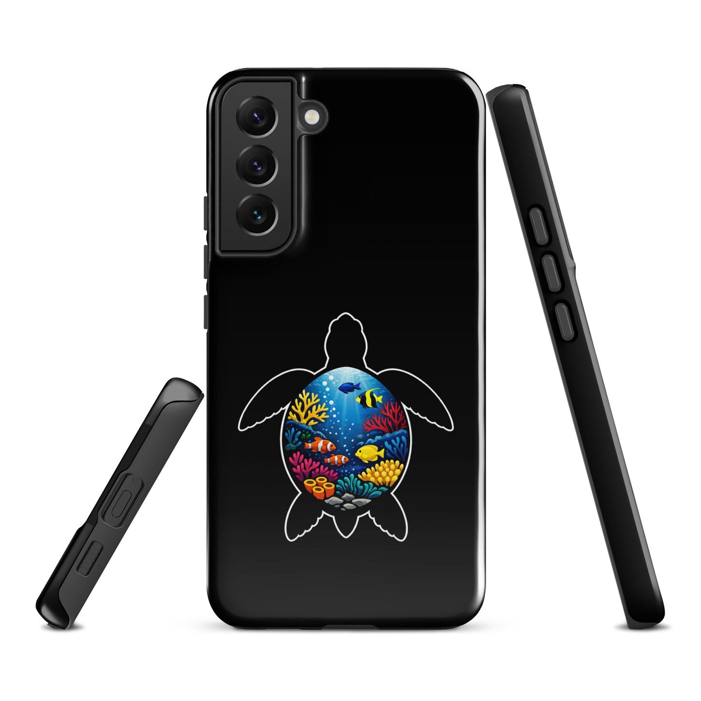 Phone Case for Samsung Galaxy featuring a vibrant sea turtle reef design with coral, showcasing marine life-inspired art and protection.