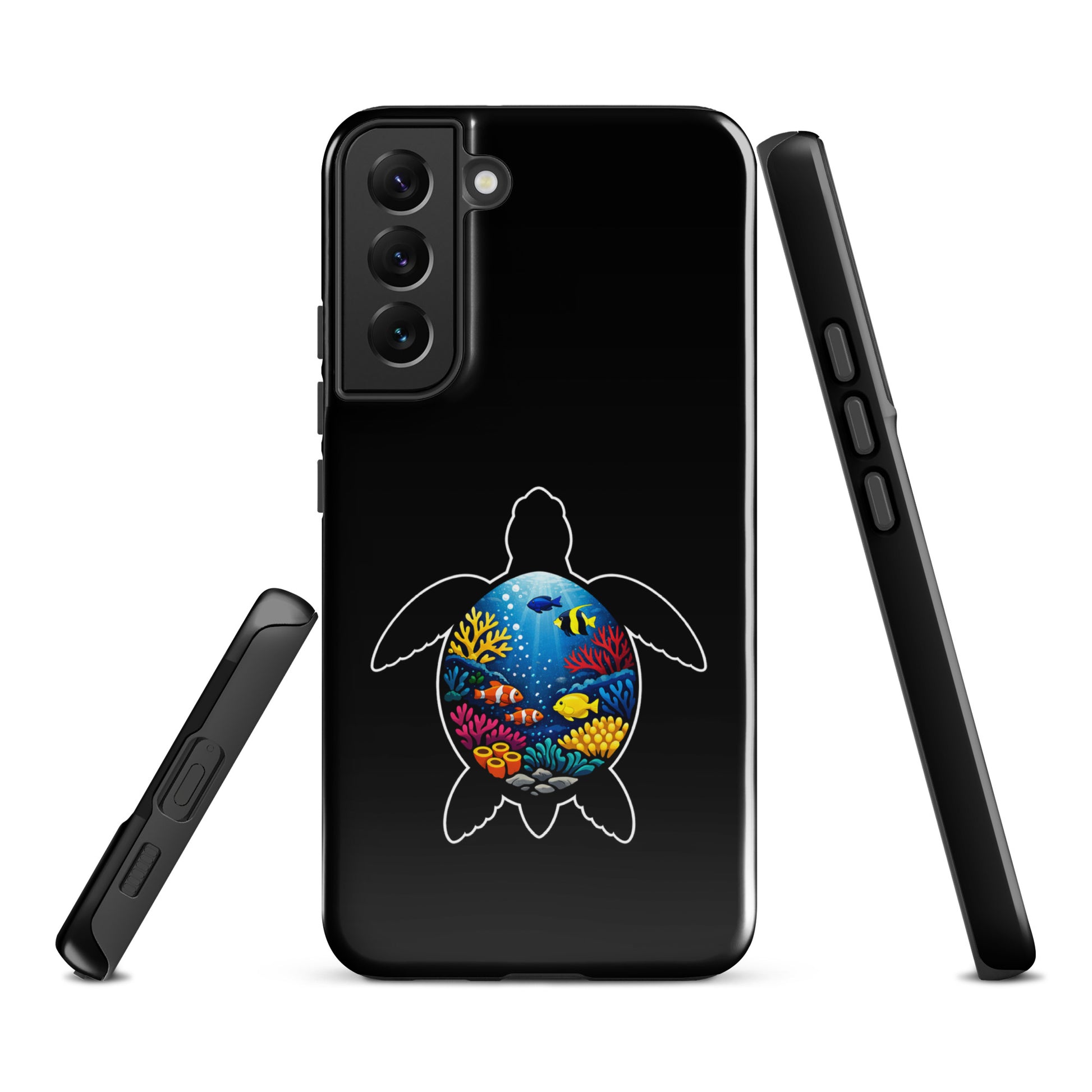 Phone Case for Samsung Galaxy featuring a vibrant sea turtle reef design with coral, showcasing marine life-inspired art and protection.