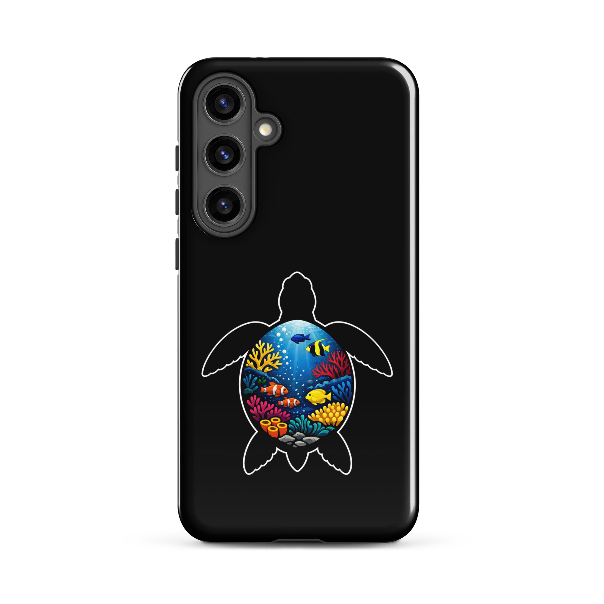 Phone Case for Samsung Galaxy with vibrant sea turtle reef design on black background showcasing colorful marine life.