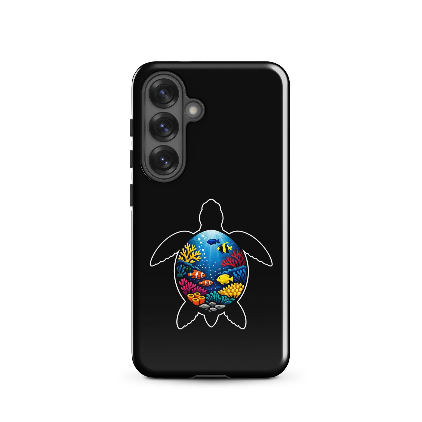 Phone Case for Samsung Galaxy featuring vibrant sea turtle reef design with coral and marine life illustration on black background.