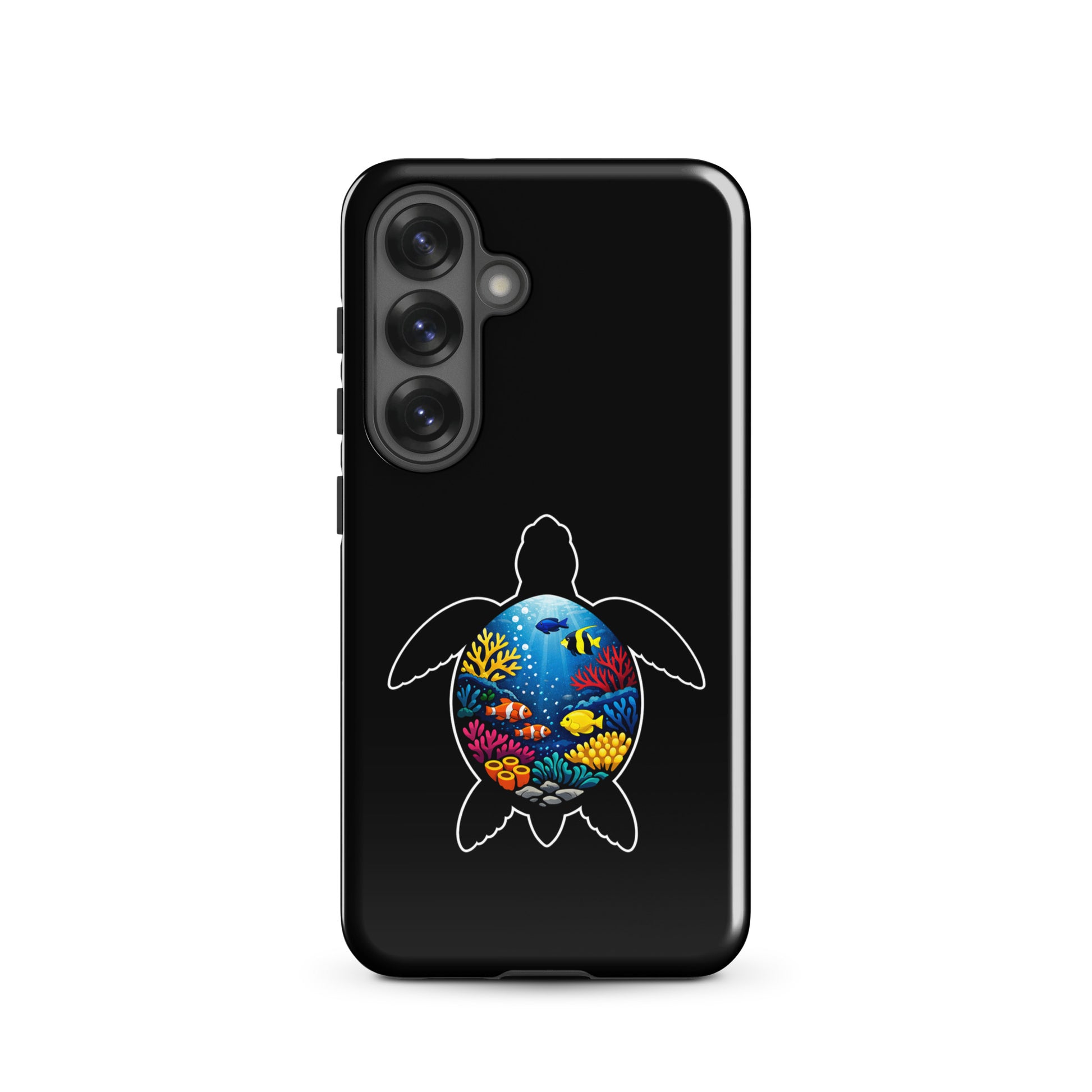 Phone Case for Samsung Galaxy featuring vibrant sea turtle reef design with coral and marine life illustration on black background.