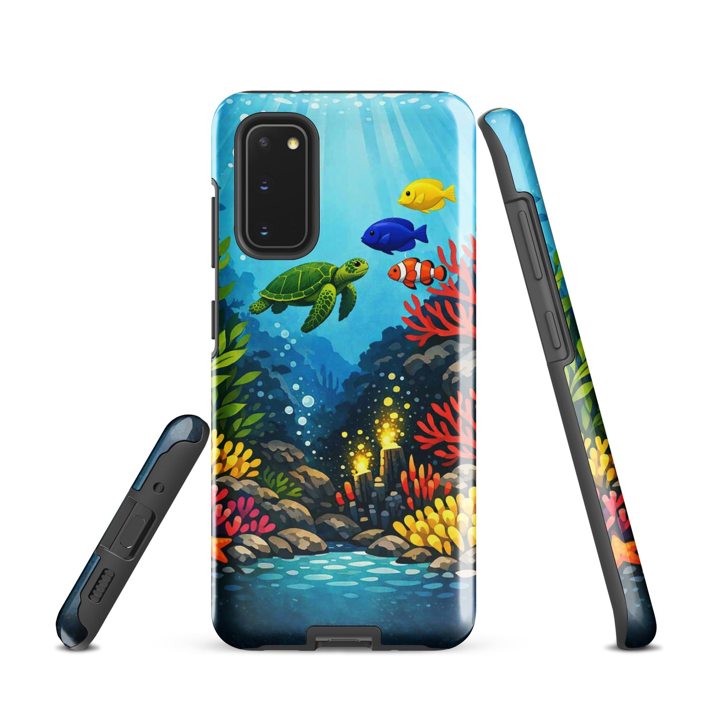 Phone case for Samsung Galaxy with sea turtle and coral reef design.