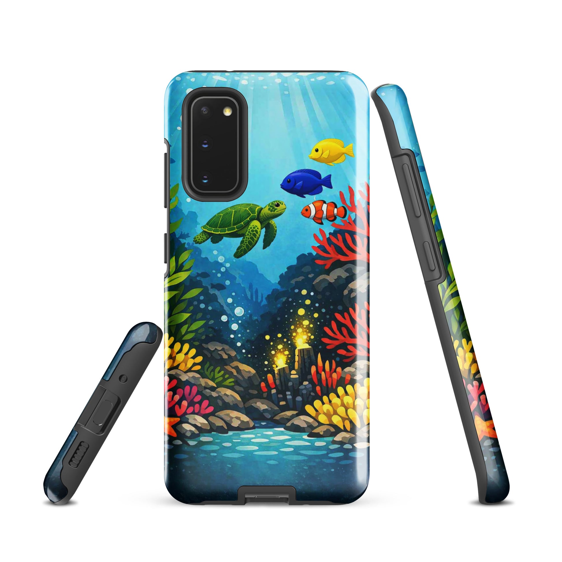 Phone case for Samsung Galaxy with sea turtle and coral reef design.