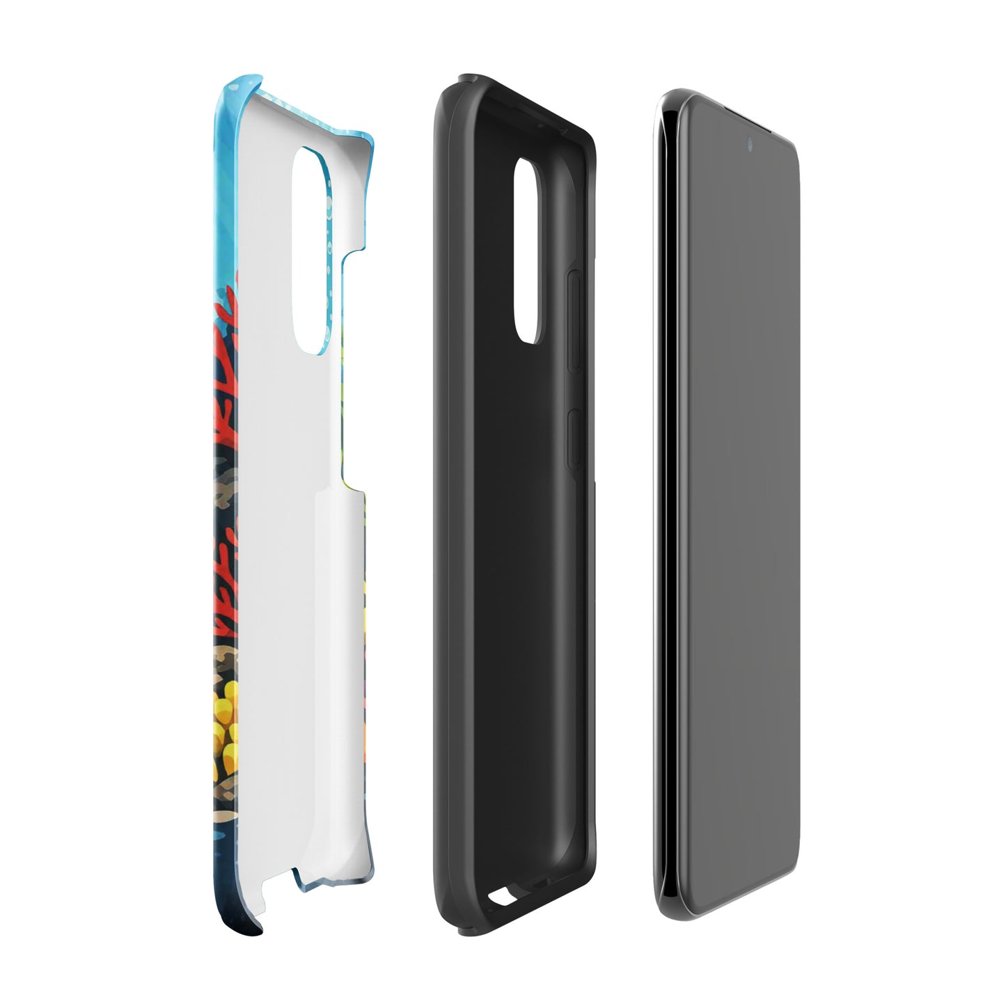 Samsung Galaxy phone case with sea turtle and coral reef design, showcasing vibrant marine art and durable protection.