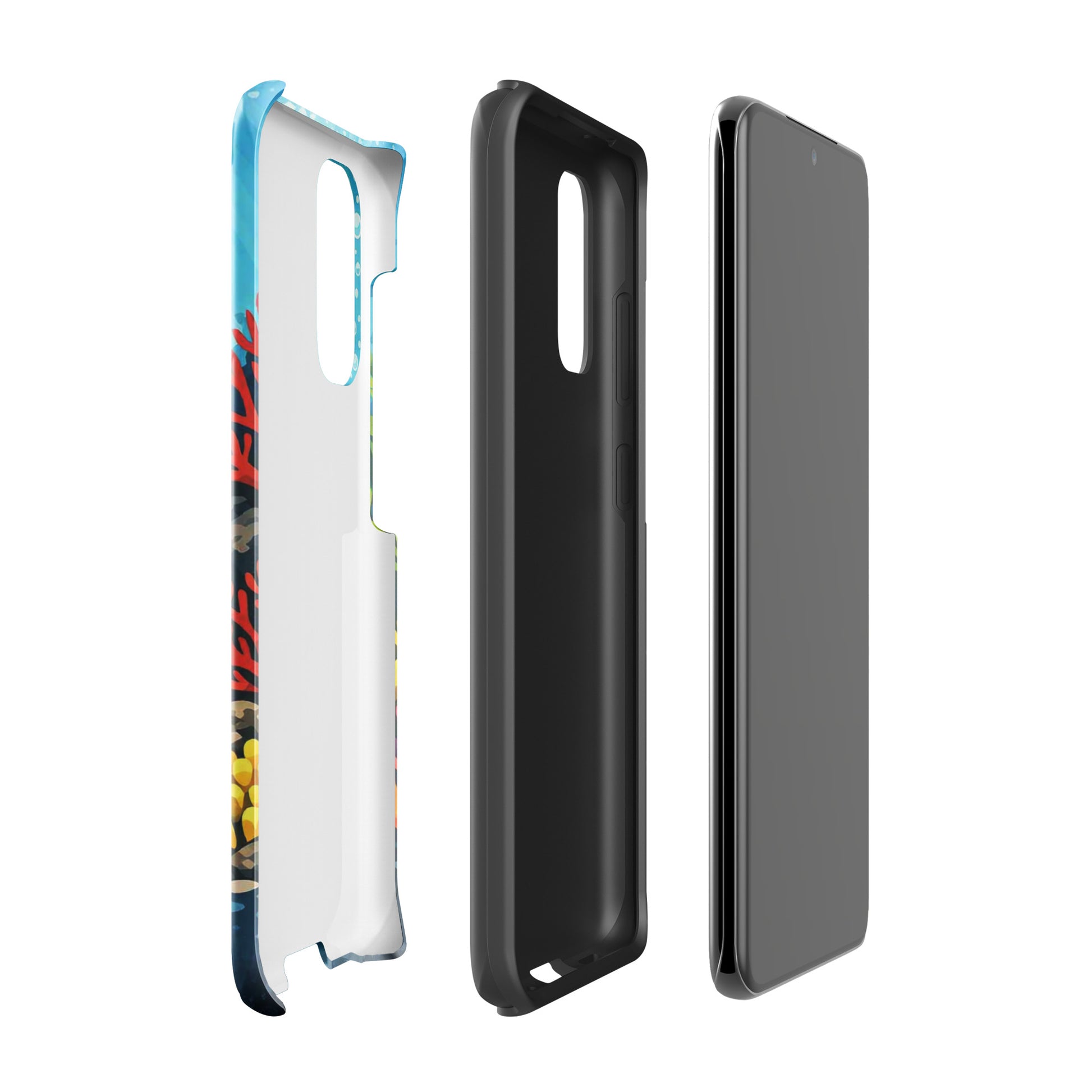 Samsung Galaxy phone case with sea turtle and coral reef design, showcasing vibrant marine art and durable protection.
