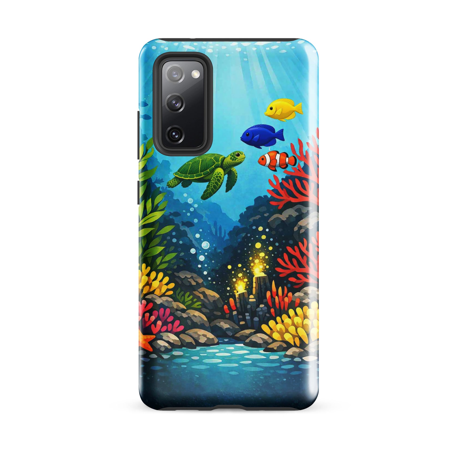 Phone case for Samsung Galaxy featuring vibrant sea turtle and coral reef design with tropical fish and bold ocean colors.