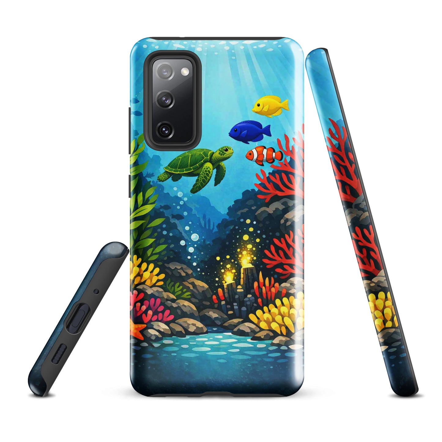 Phone case for Samsung Galaxy with vibrant sea turtle and coral reef design, featuring colorful tropical marine life.