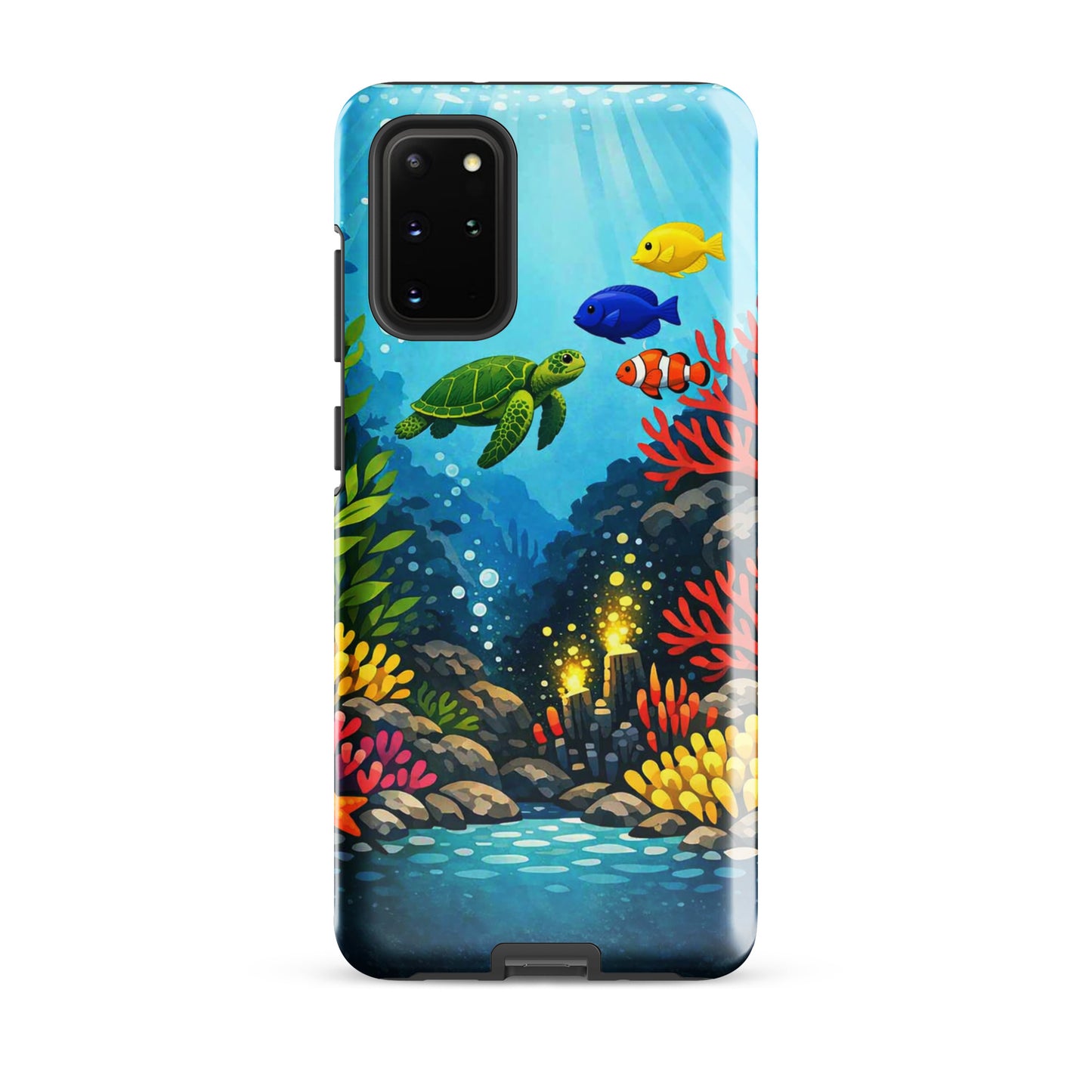 Phone case for Samsung Galaxy with vibrant sea turtle and coral reef design, featuring tropical fish and underwater artistry.