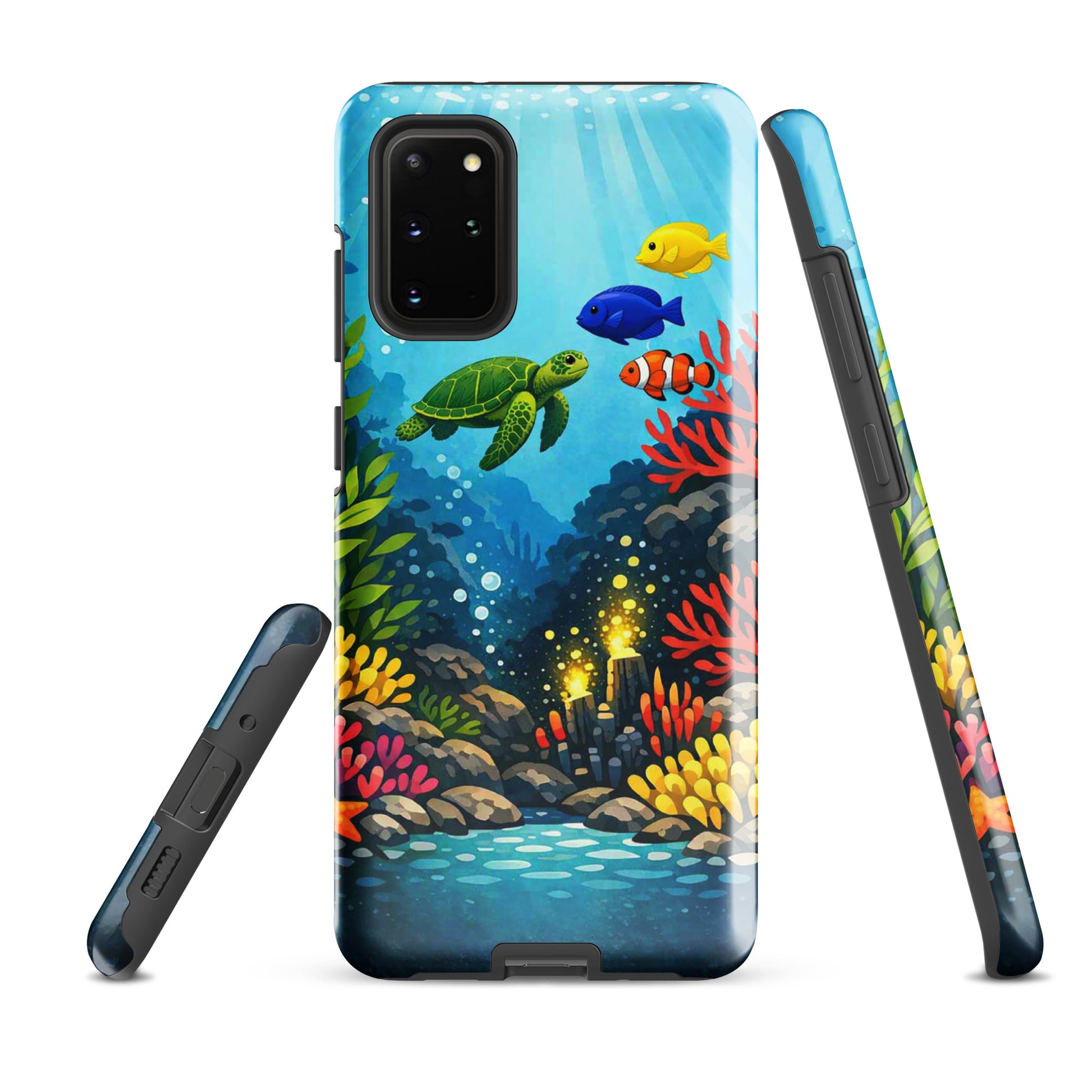Phone case for Samsung Galaxy with vibrant sea turtle and coral reef design, featuring tropical fish and colorful underwater scene.