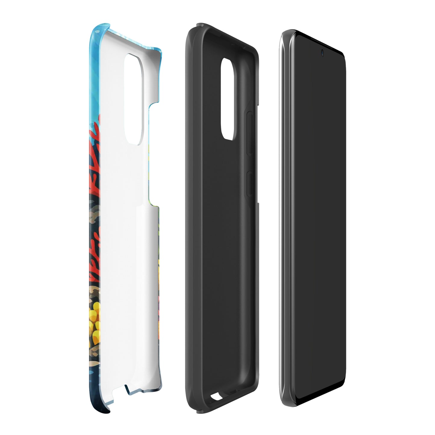 phone case for Samsung Galaxy with sea turtle and coral reef design, open view