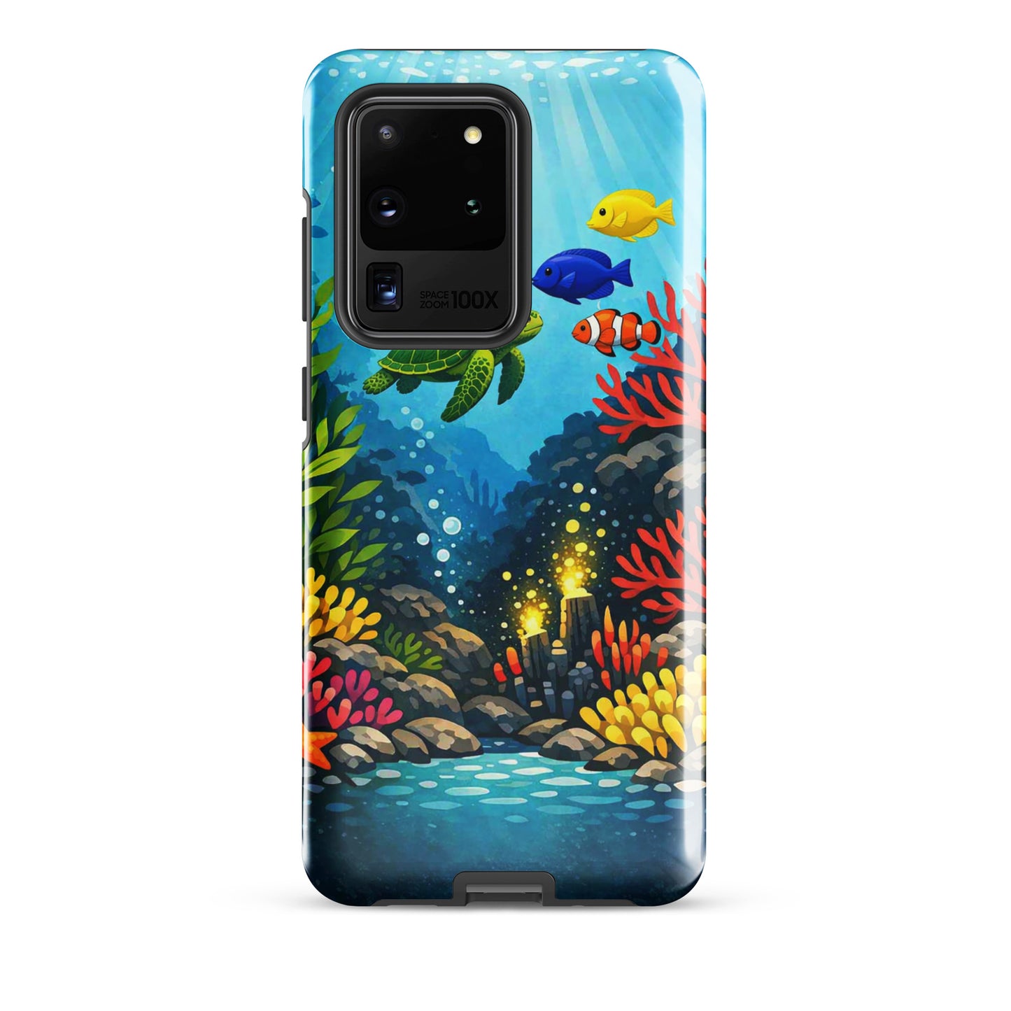 Phone case for Samsung Galaxy with sea turtle and coral reef design showcasing marine life art.