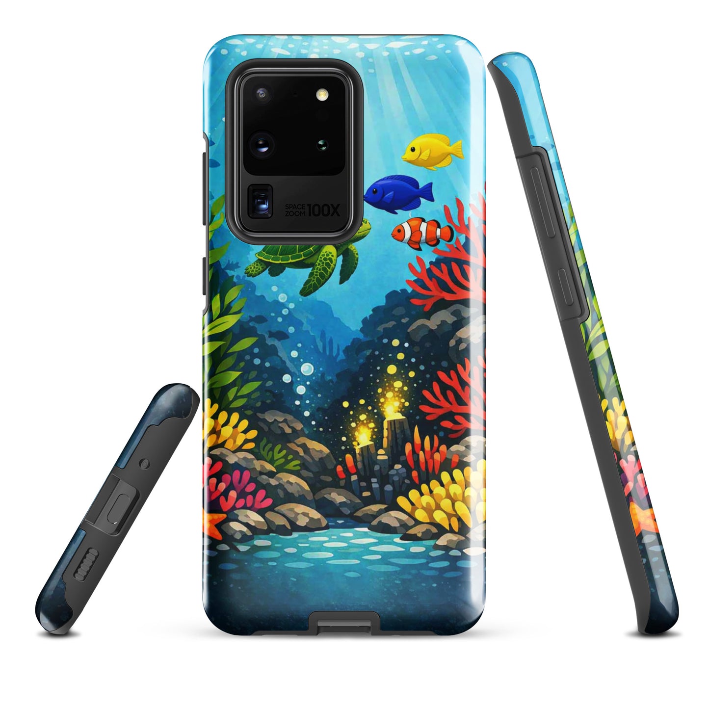 phone case for Samsung Galaxy featuring a vibrant sea turtle and coral reef design with colorful marine life