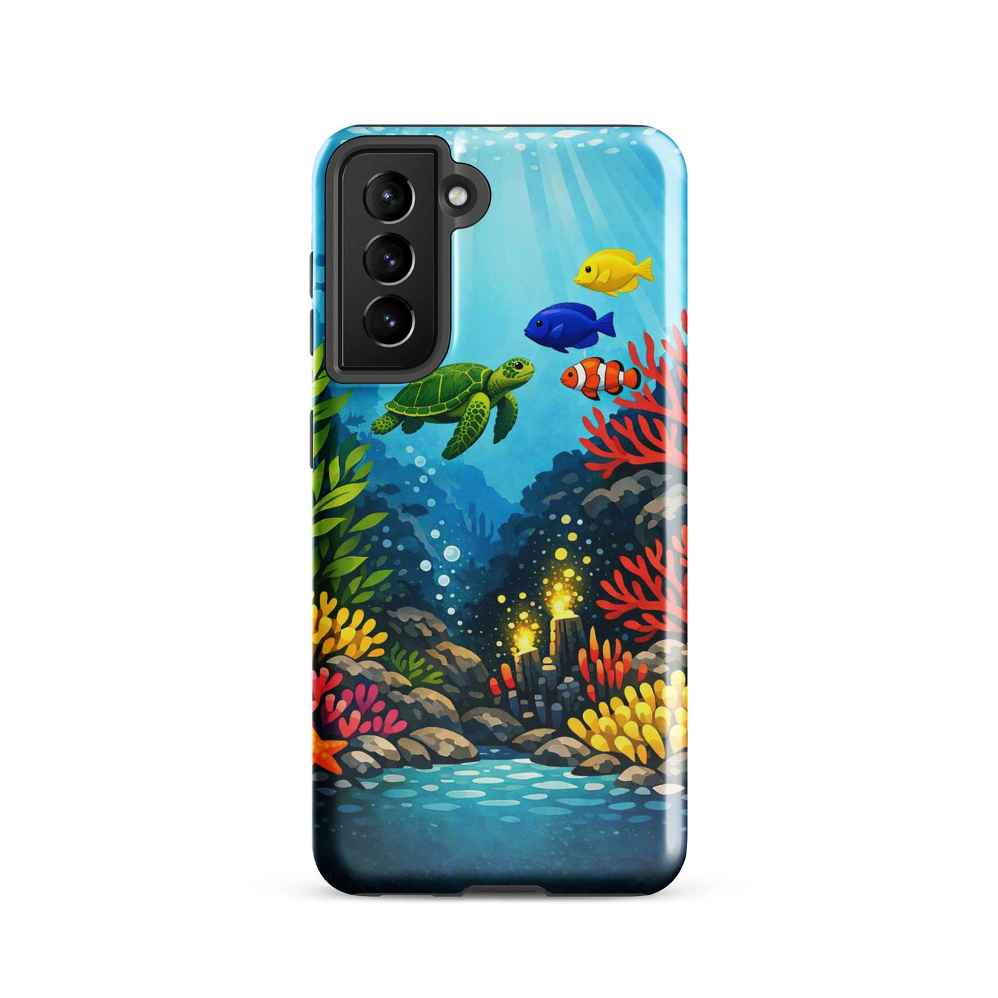 Phone case for Samsung Galaxy with vibrant sea turtle and coral reef design.