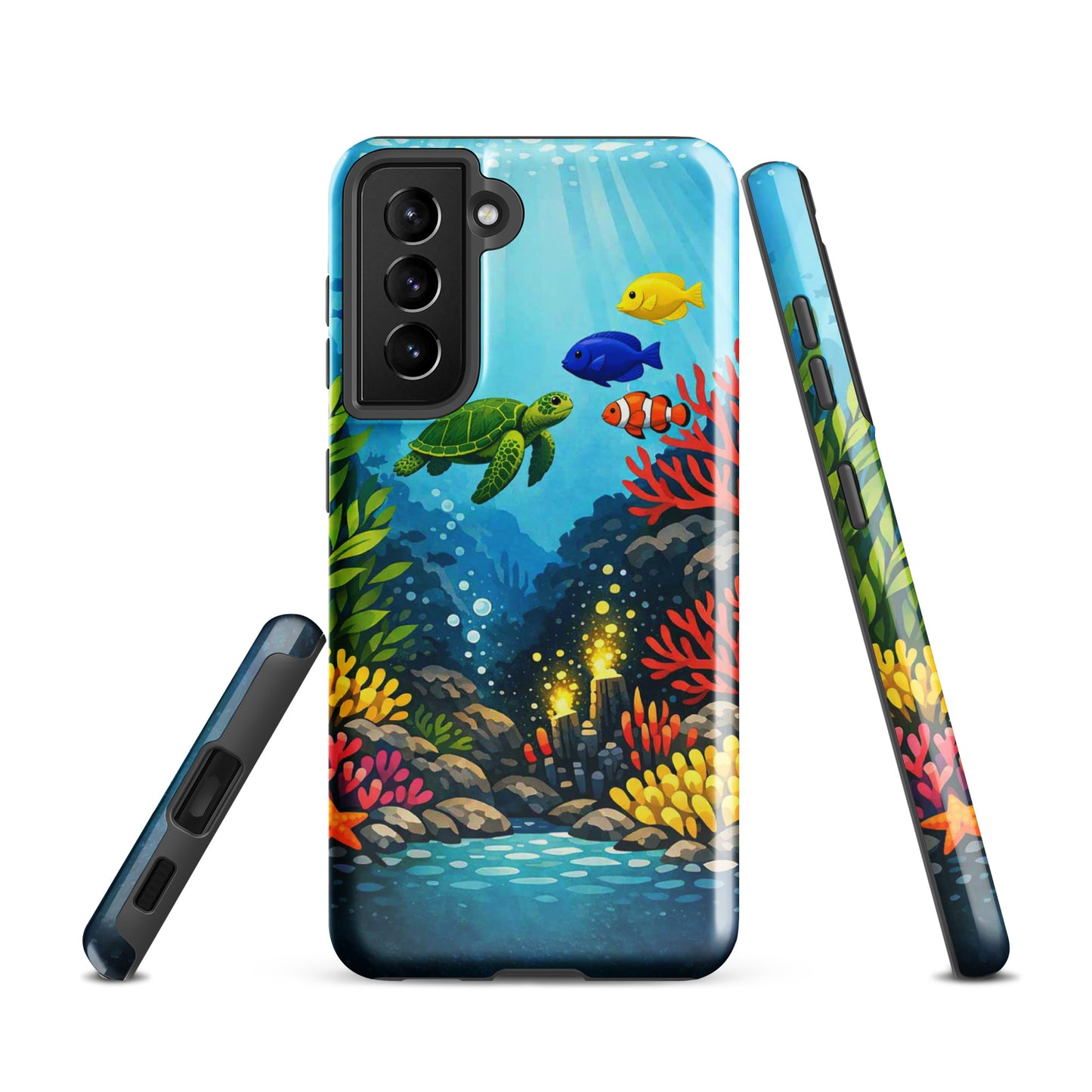 Phone case for Samsung Galaxy featuring a vibrant sea turtle and coral reef design, perfect for marine life enthusiasts.