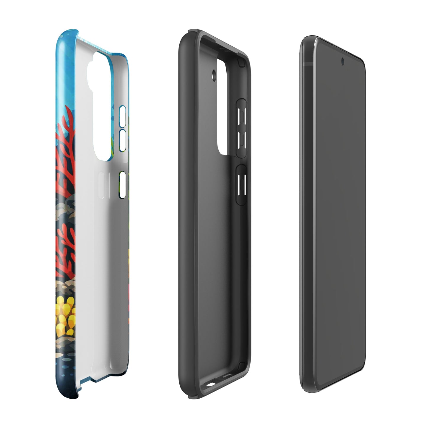Phone case for Samsung Galaxy featuring vibrant sea turtle and coral reef design, underwater marine theme with durable protection.