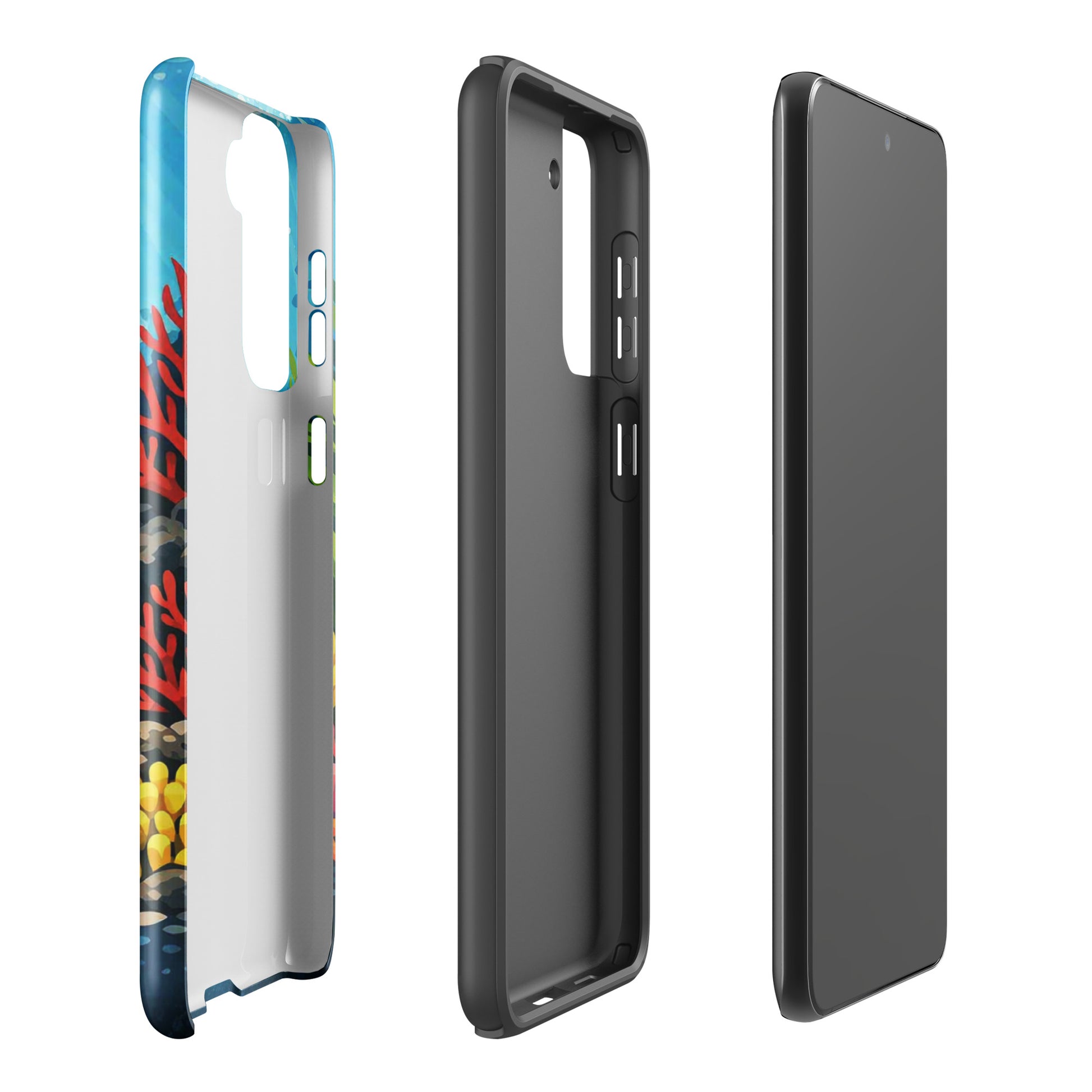 Phone case for Samsung Galaxy with vibrant sea turtle and coral reef design, featuring marine life art for device protection.