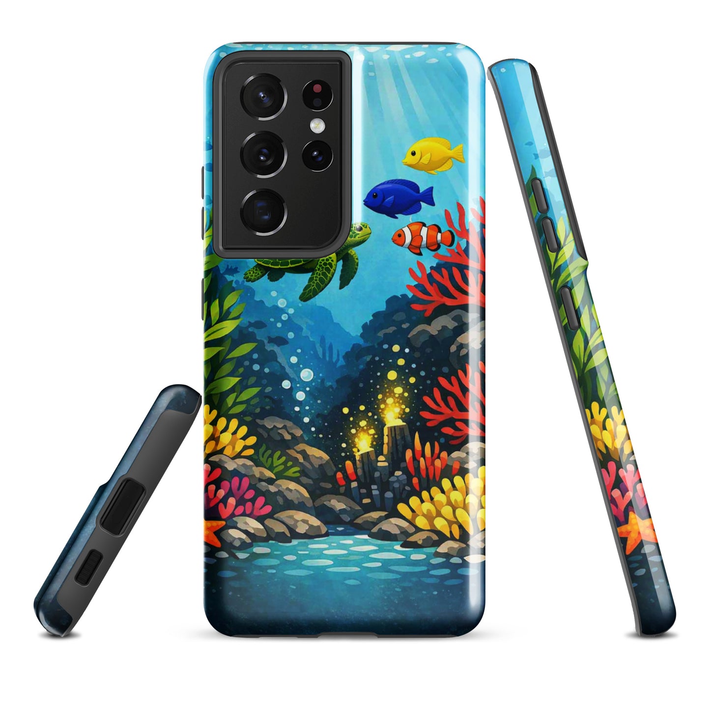Phone case for Samsung Galaxy featuring vibrant sea turtle and coral reef design with tropical fish.