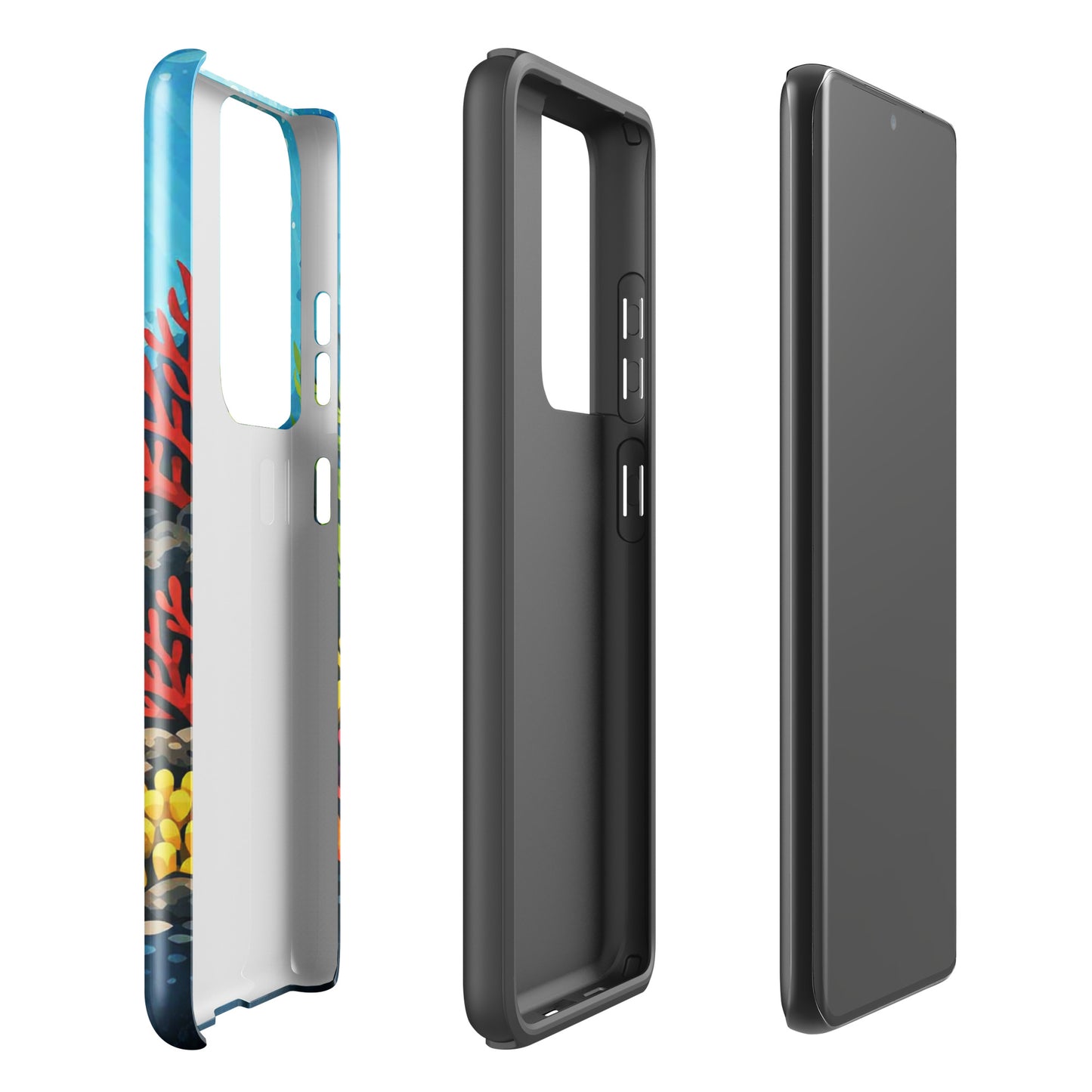 Phone case for Samsung Galaxy with vibrant sea turtle and coral reef design, front and back views
