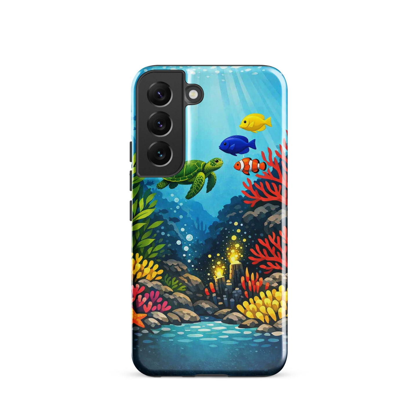 Phone case for Samsung Galaxy with vibrant sea turtle and coral reef design, featuring tropical fish and underwater scene.