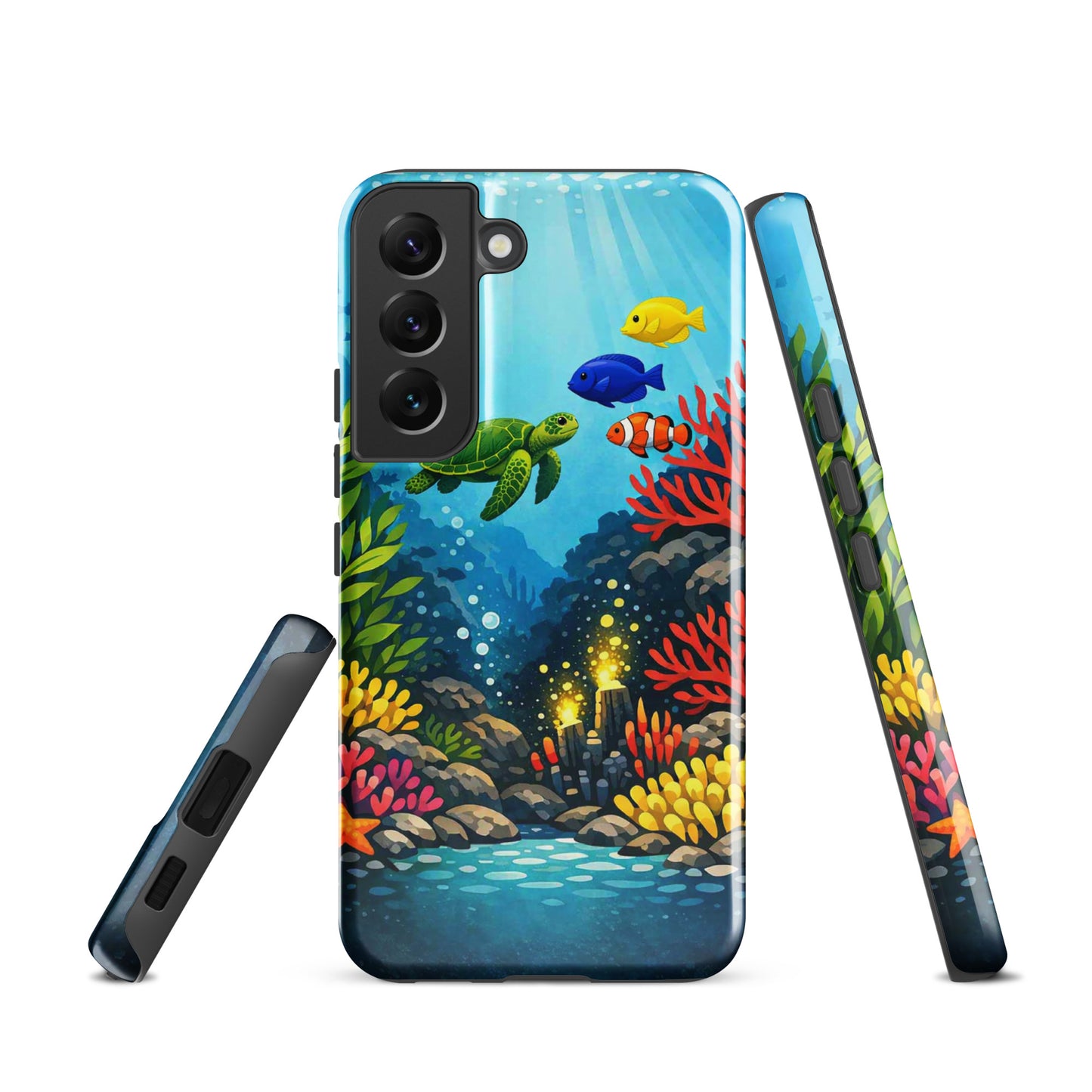 Phone case for Samsung Galaxy with vibrant sea turtle and coral reef design.