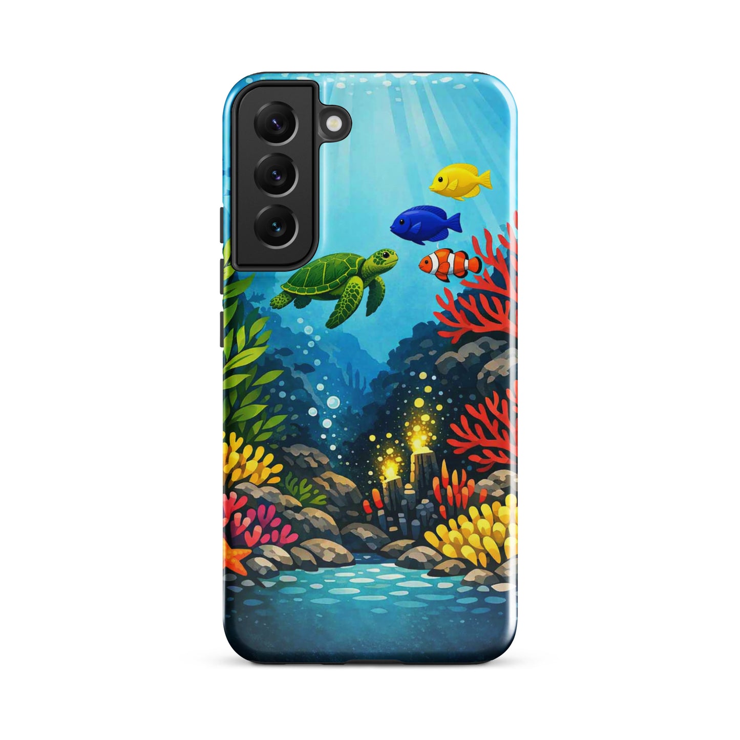 phone case for Samsung Galaxy with vibrant sea turtle and coral reef design, featuring tropical fish and ocean scenery.