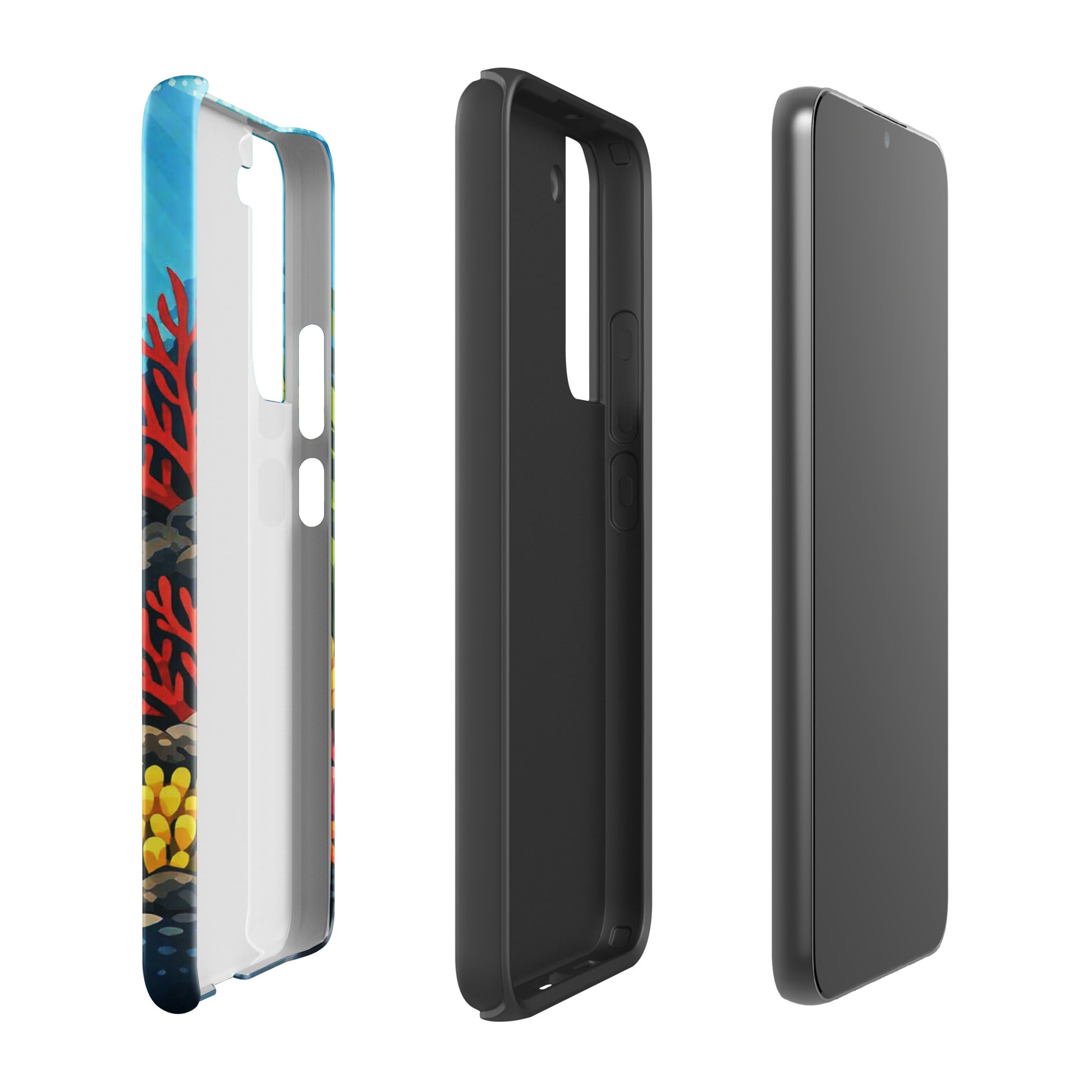 Phone case for Samsung Galaxy with vibrant sea turtle and coral reef design, offering ocean-inspired protection and colorful artwork.