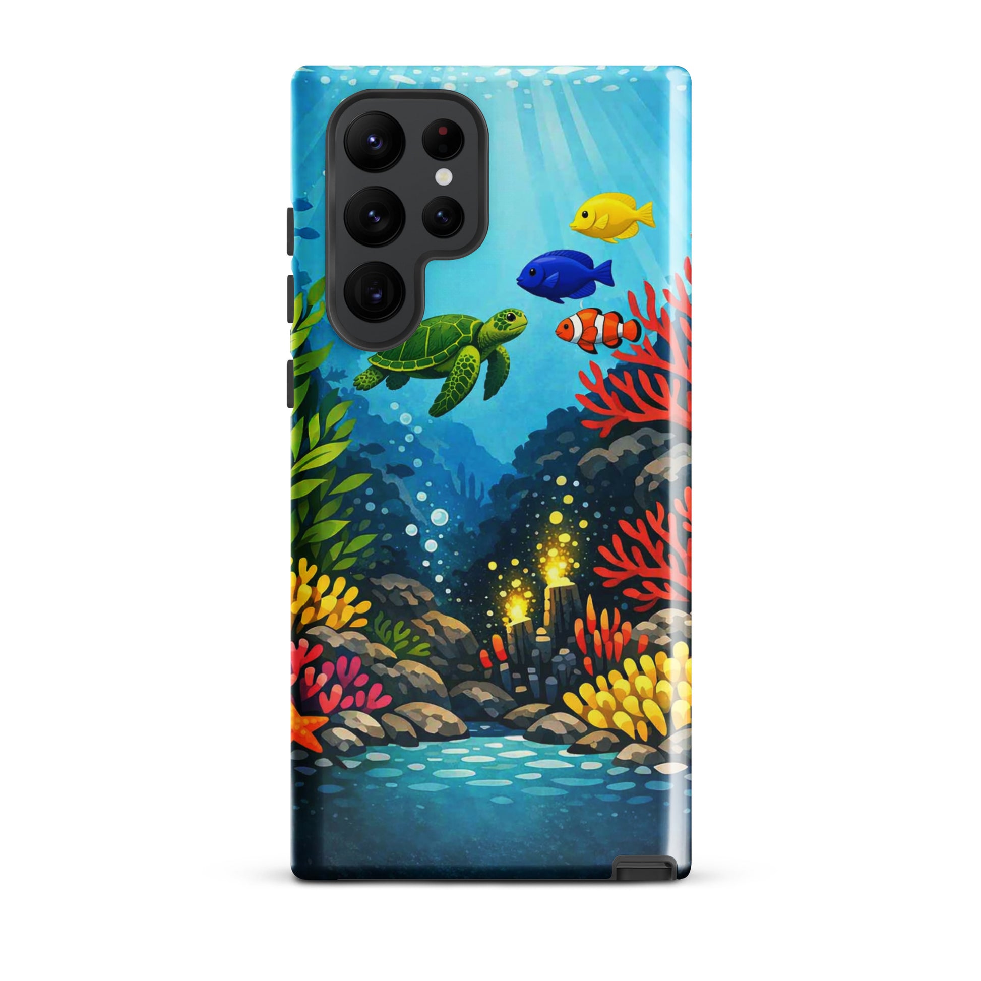 Phone case for Samsung Galaxy with vibrant sea turtle and coral reef design, featuring tropical fish and vivid ocean colors.