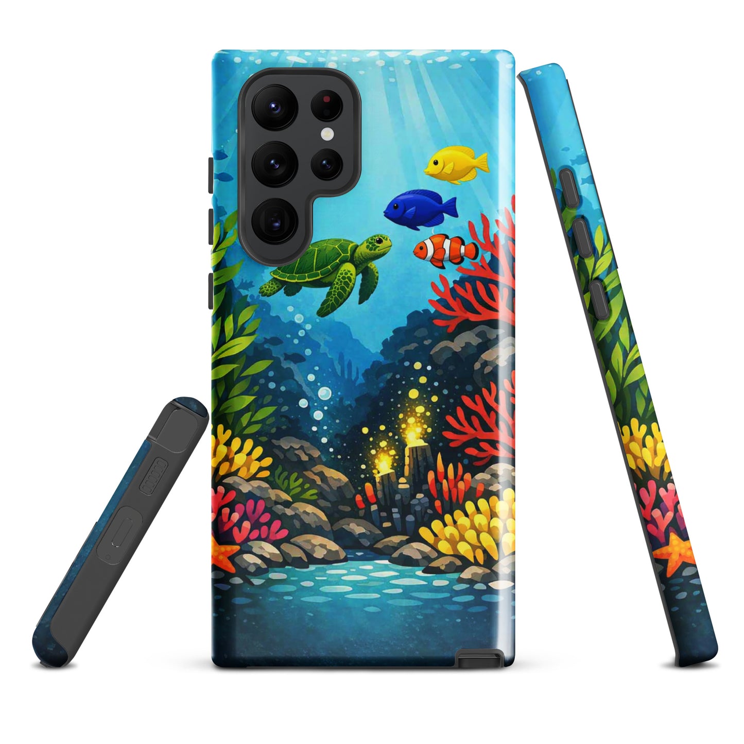 Phone case for Samsung Galaxy featuring vibrant sea turtle and coral reef design with colorful marine life.
