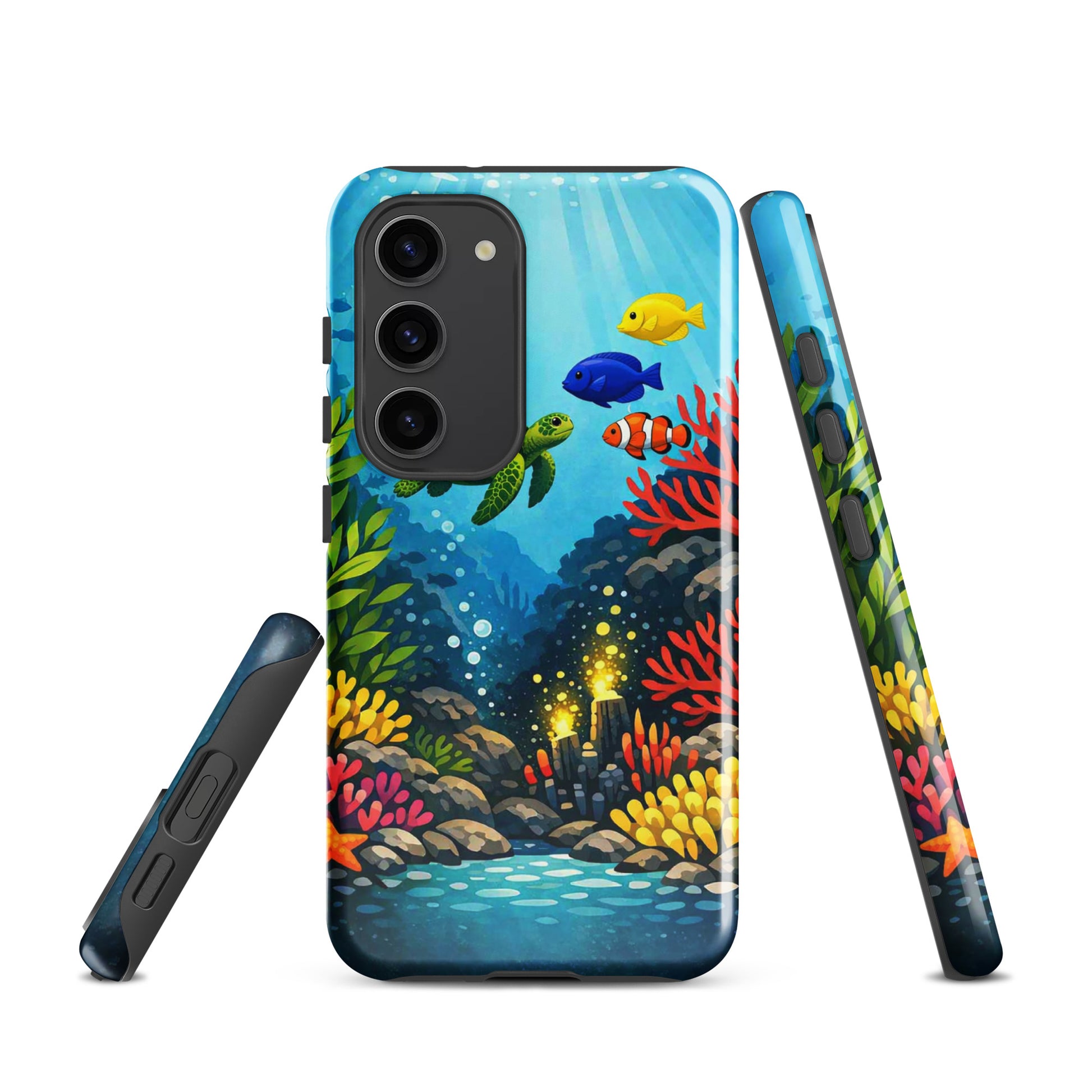 Phone case for Samsung Galaxy featuring vibrant sea turtle and coral reef design with tropical fish, underwater artistry.