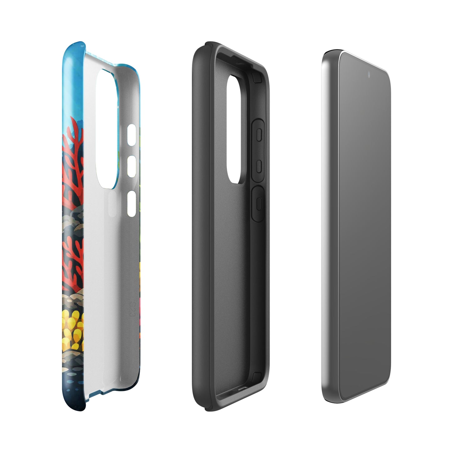 Phone case featuring vibrant sea turtle and coral reef design for Samsung Galaxy, offering colorful underwater art and protection.