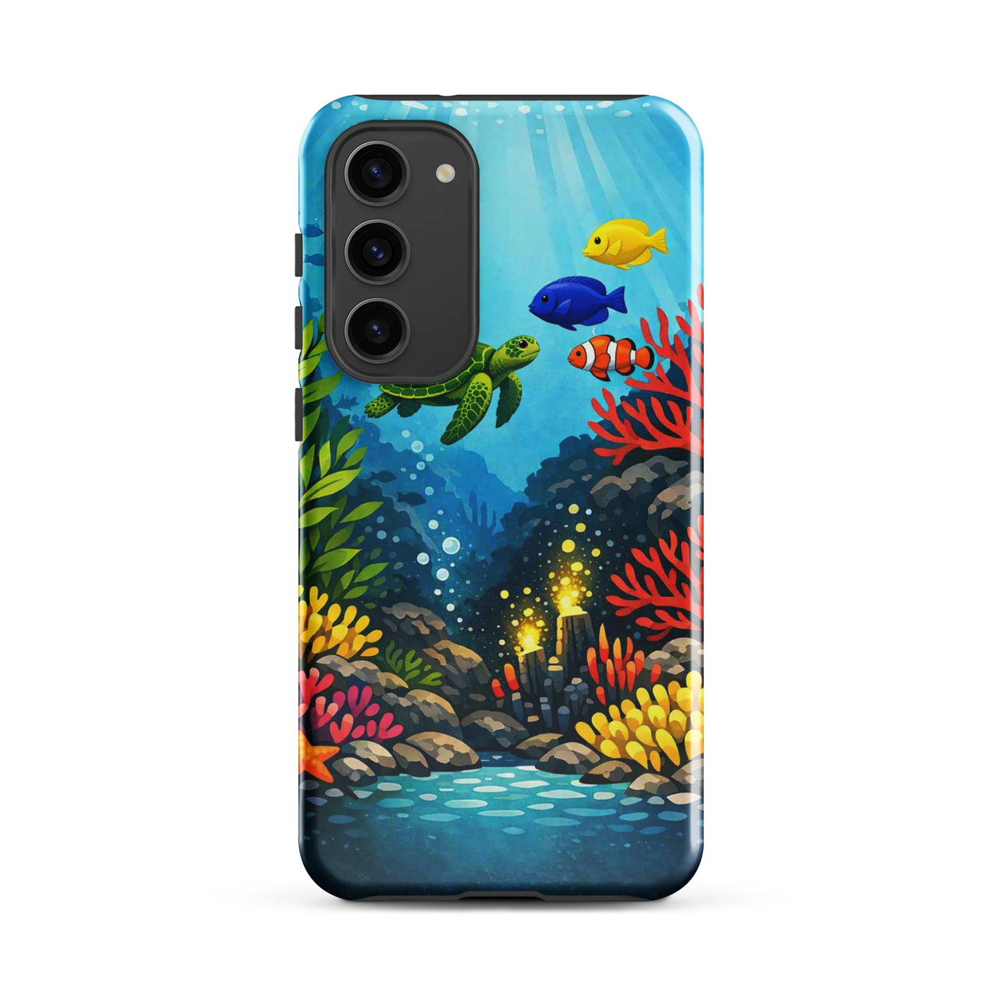 Phone case for Samsung Galaxy with vibrant sea turtle and coral reef design, featuring tropical fish and underwater colors.