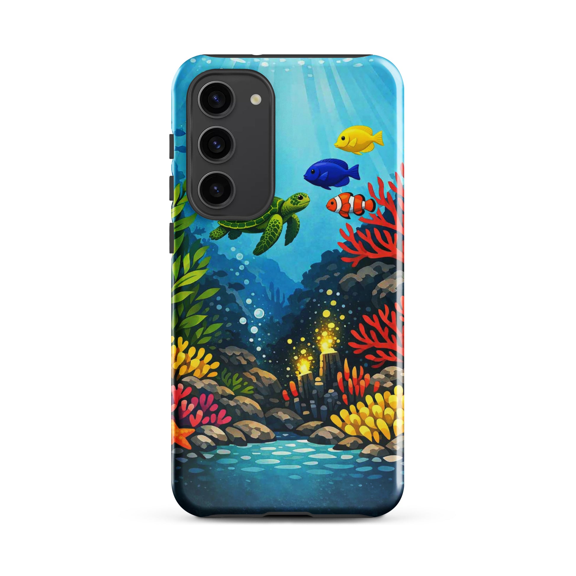 Phone case for Samsung Galaxy with vibrant sea turtle and coral reef design, featuring tropical fish and underwater colors.