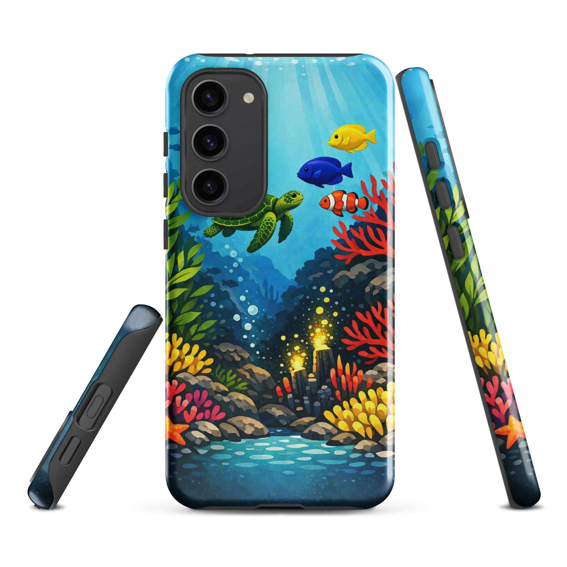 Vibrant sea turtle and coral reef phone case for Samsung Galaxy, showcasing marine life and tropical fish design.