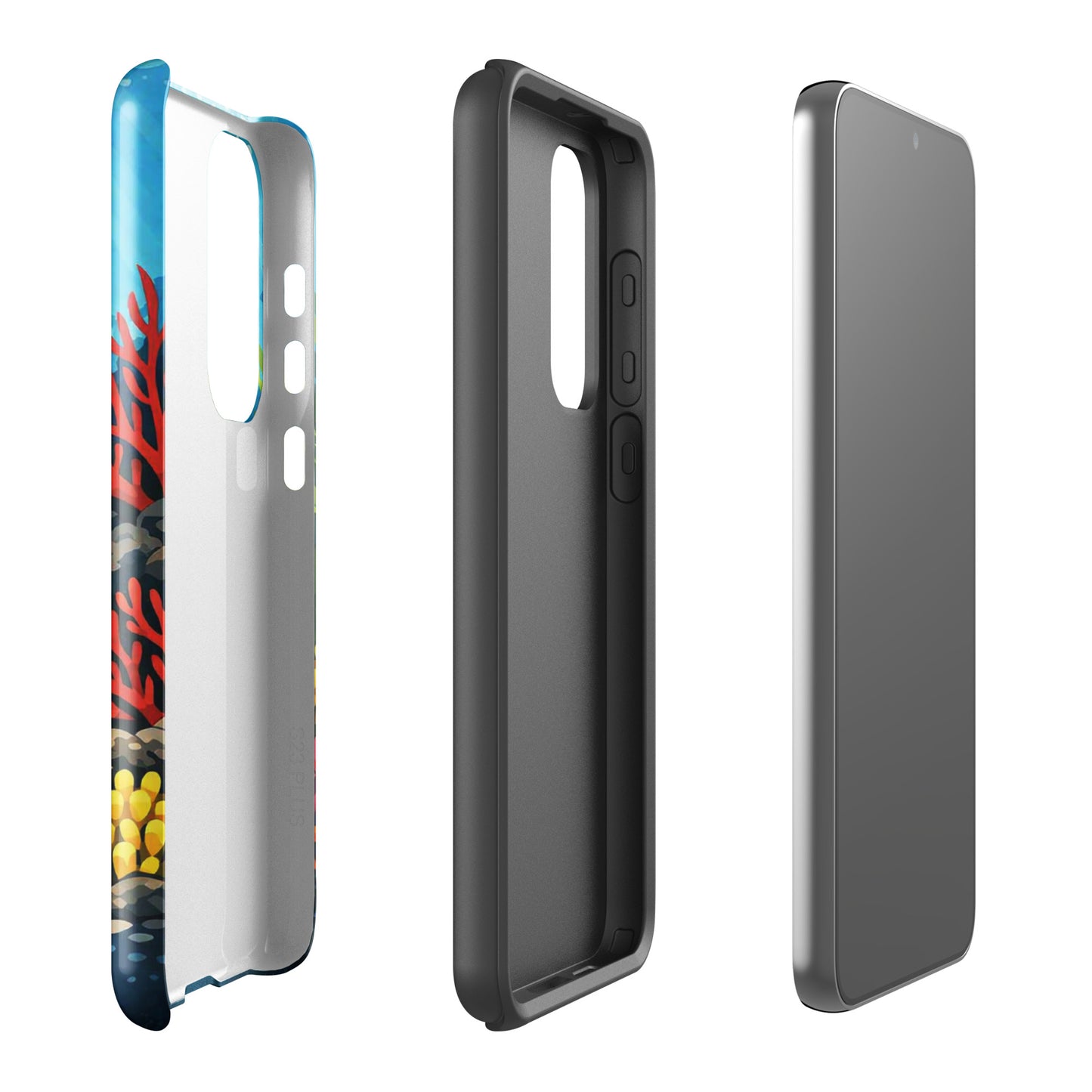 Phone case for Samsung Galaxy with vibrant sea turtle and coral reef design, side and back view.