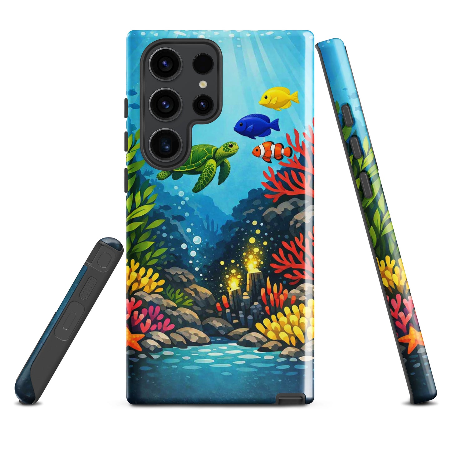Phone case for Samsung Galaxy with vibrant sea turtle and coral reef design, featuring colorful fish and ocean artwork.