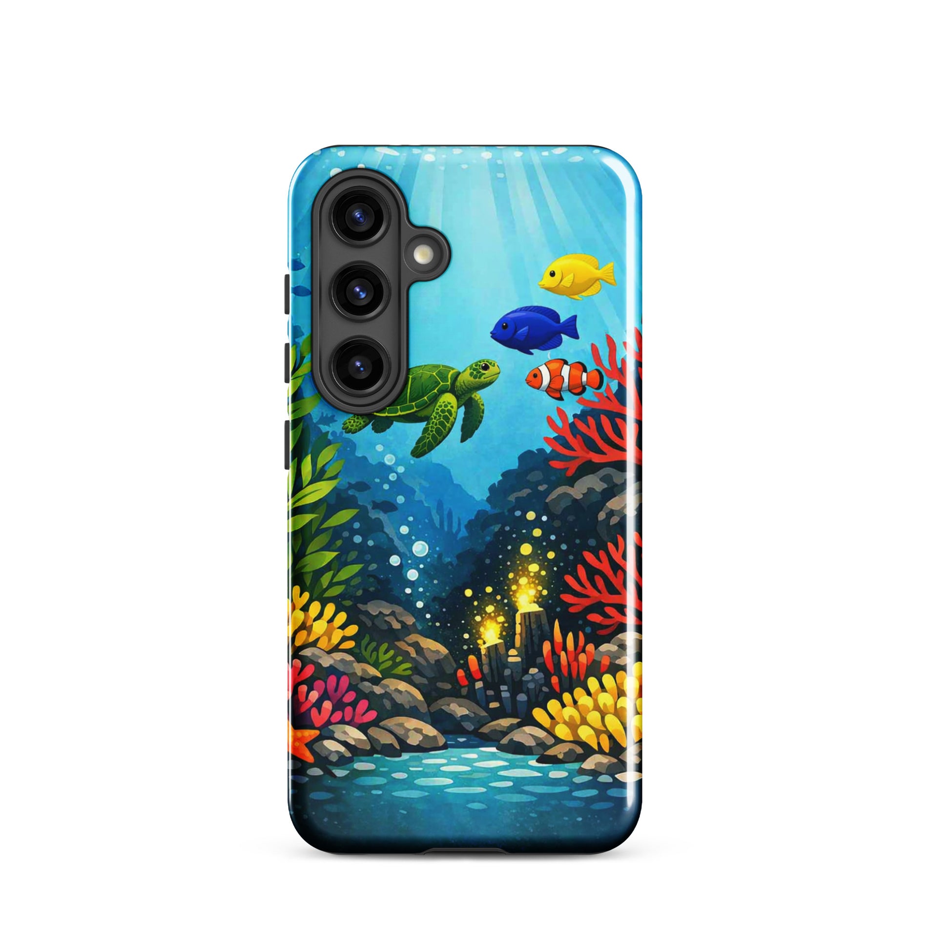 Phone case for Samsung Galaxy with vibrant sea turtle and coral reef design enhancing smartphone protection.