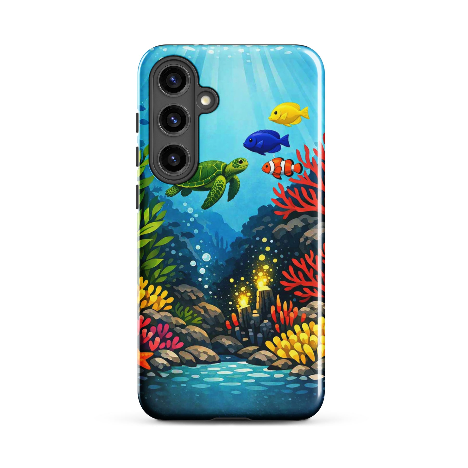 Phone case for Samsung Galaxy with vibrant sea turtle and coral reef design.