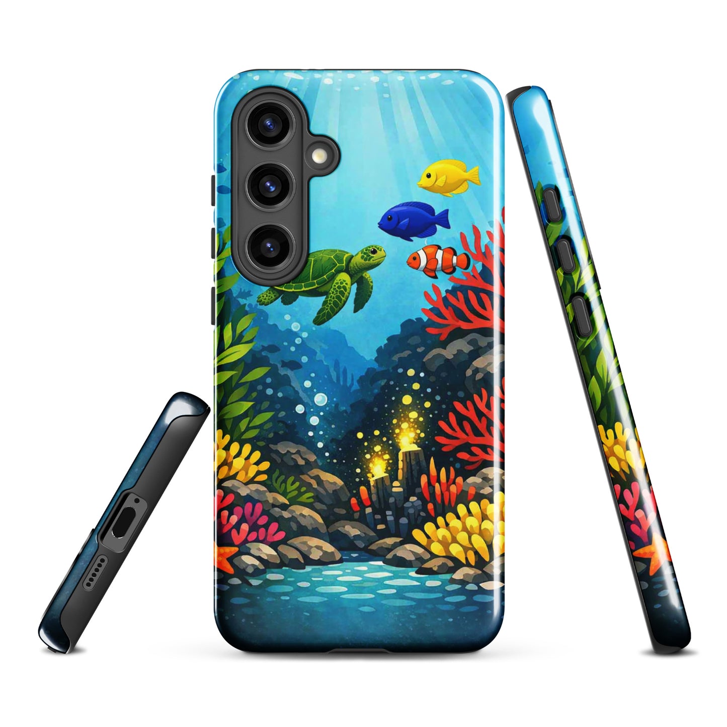 Phone case for Samsung Galaxy featuring vibrant sea turtle and coral reef design with tropical fish.