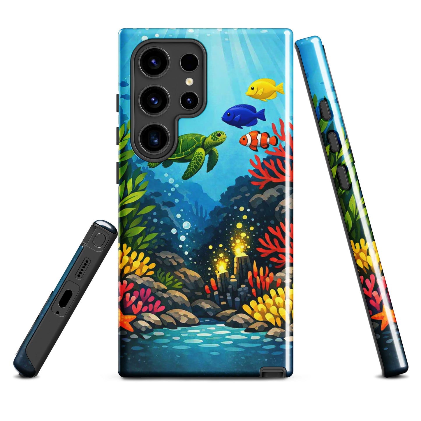 Phone case for Samsung Galaxy with vibrant sea turtle and coral reef design, showcasing marine life and colorful underwater scenery.