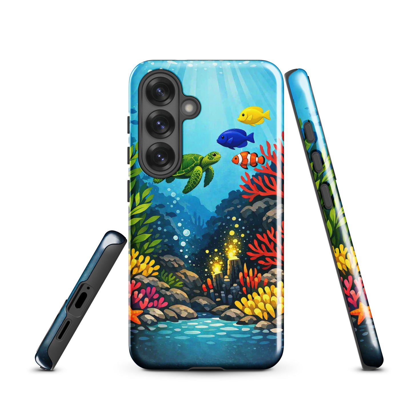 Phone case for Samsung Galaxy with vibrant sea turtle and coral reef design, featuring underwater artistry and tropical fish.