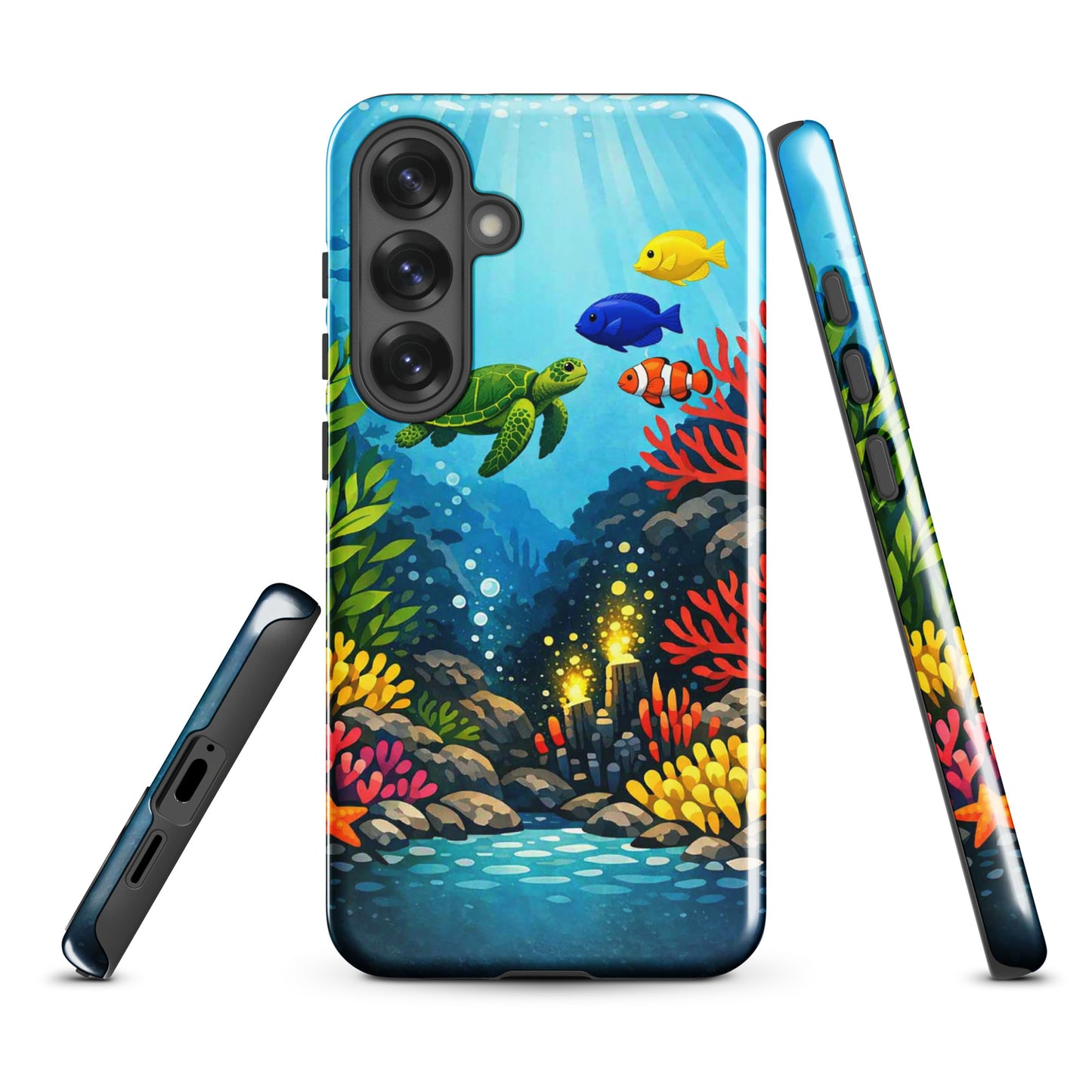 Phone case for Samsung Galaxy with vibrant sea turtle and coral reef design, featuring tropical fish and colorful underwater scene.