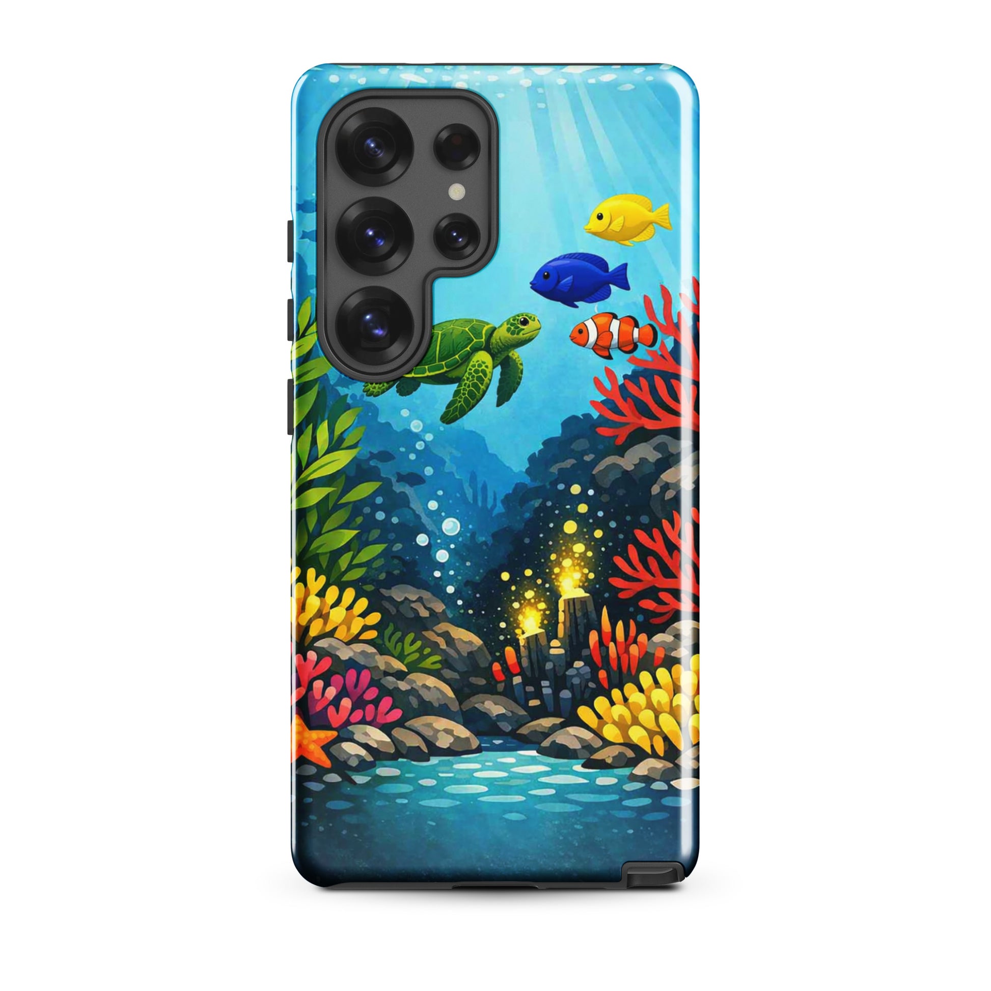 Phone case with vibrant sea turtle and coral reef design for Samsung Galaxy.