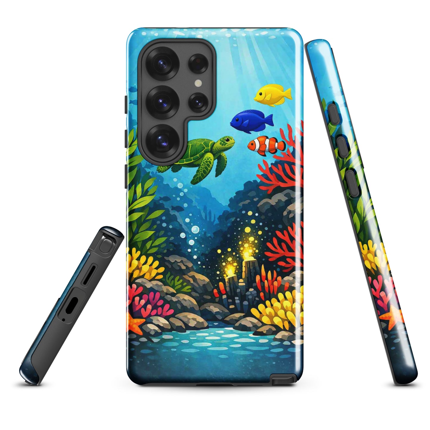 Phone case for Samsung Galaxy with vibrant sea turtle and coral reef design, featuring colorful marine life and rugged protection.