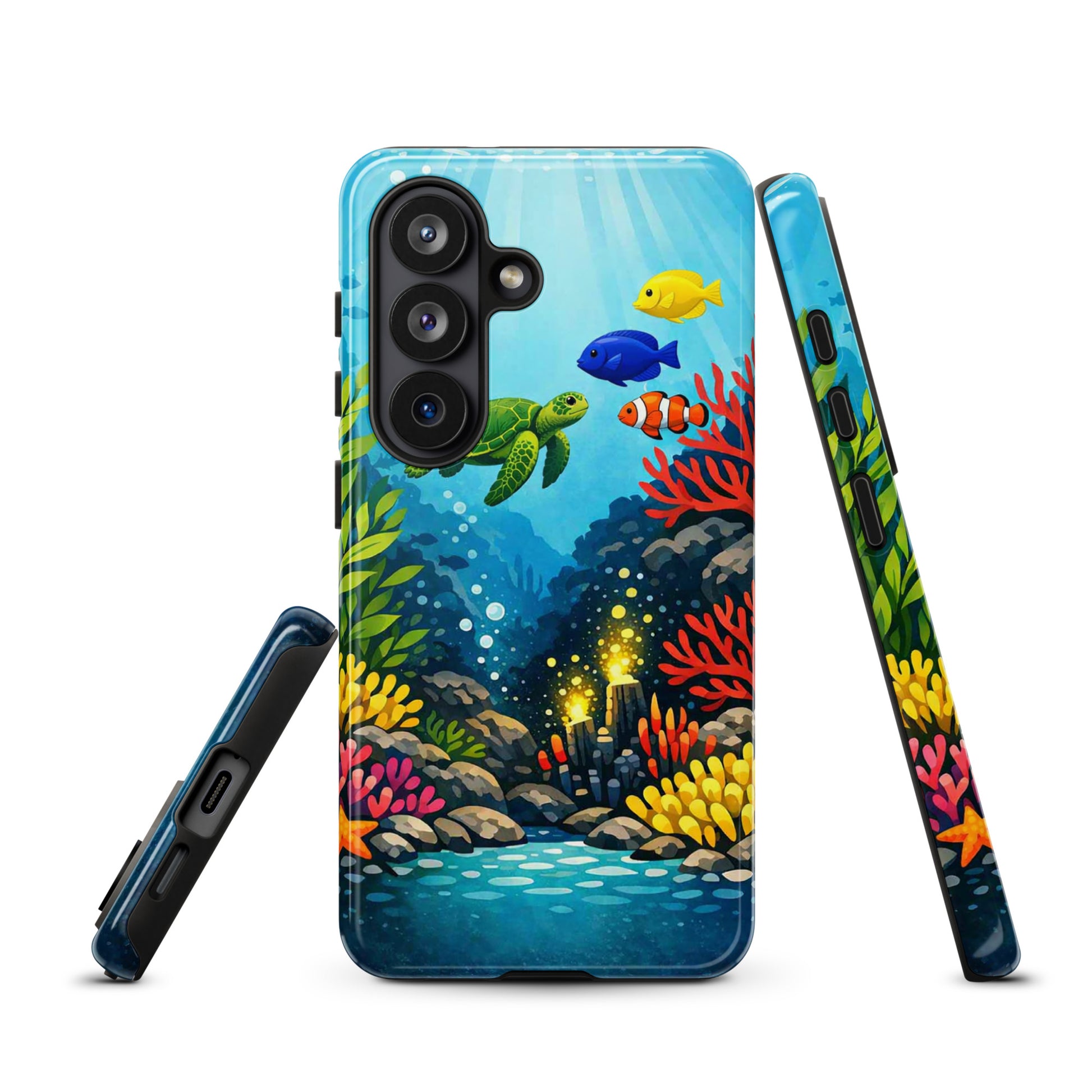 Phone case for Samsung Galaxy with vibrant sea turtle and coral reef design, showcasing marine life and colorful artwork.