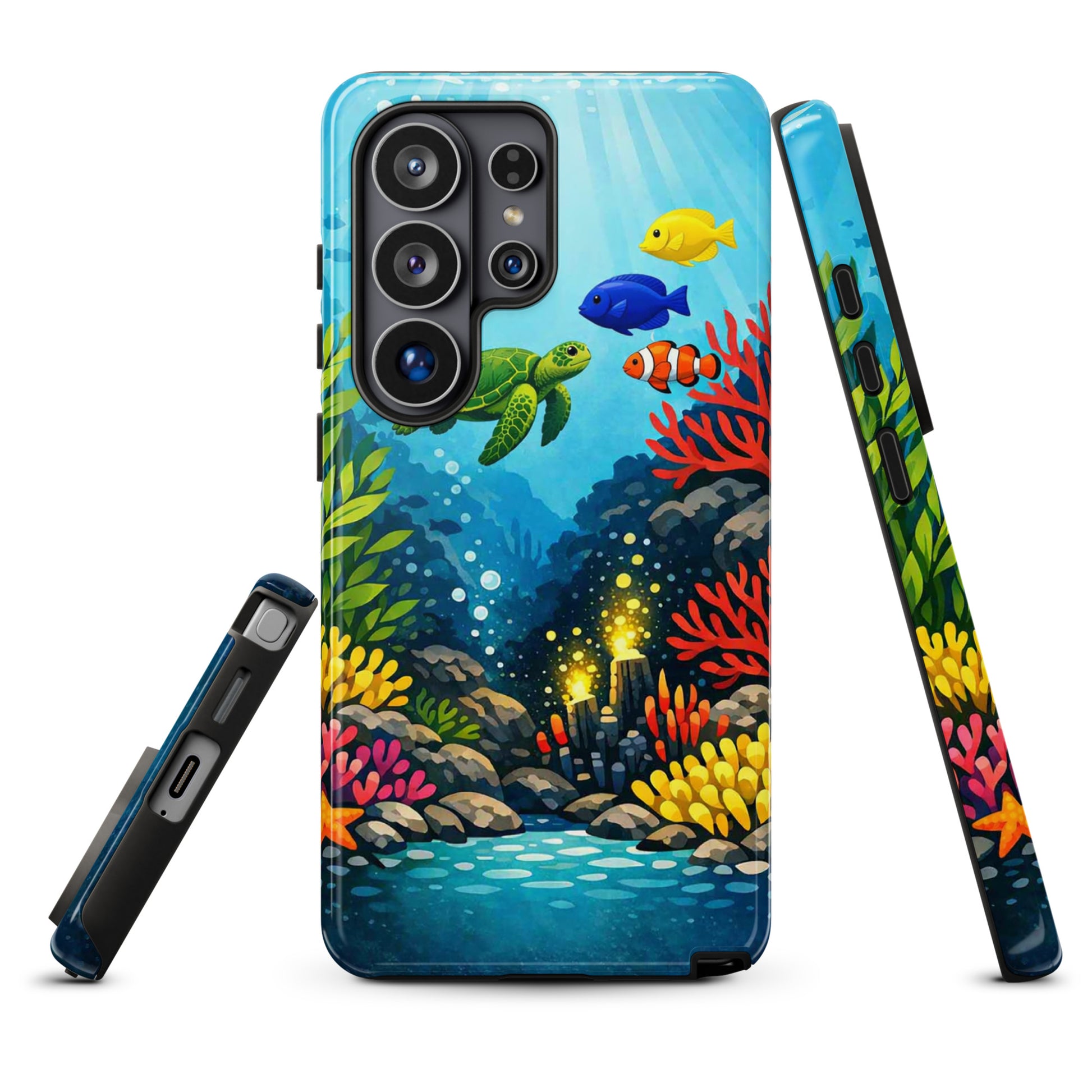Phone case for Samsung Galaxy featuring vibrant sea turtle and coral reef design with tropical fish.