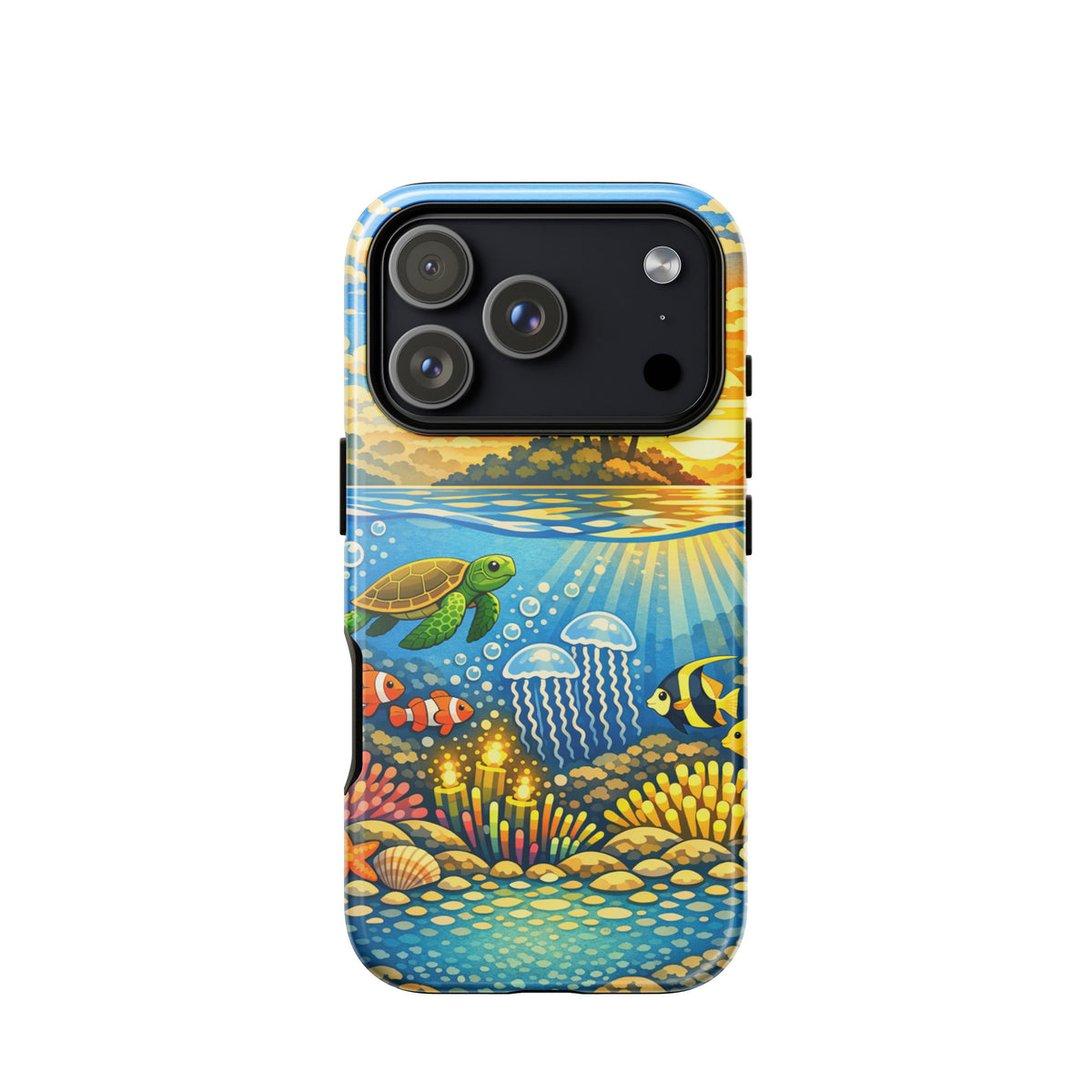 Phone Case for iPhone with tropical sunset and underwater reef design featuring sea turtles and clownfish.