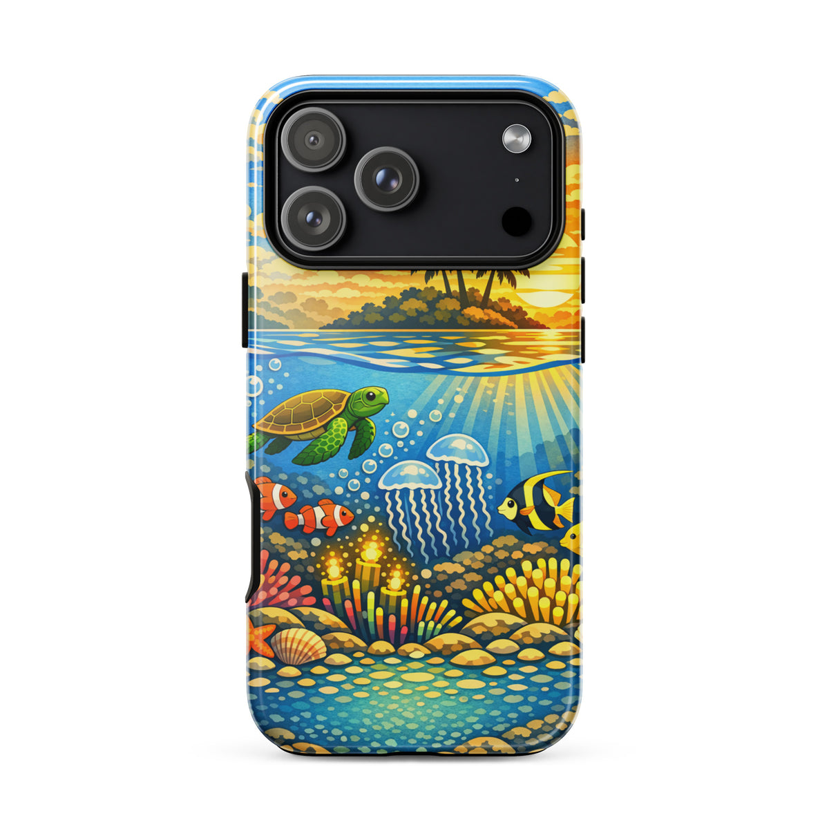 Phone Case for iPhone with vibrant tropical sunset and underwater reef featuring sea turtles, clownfish, and coral.